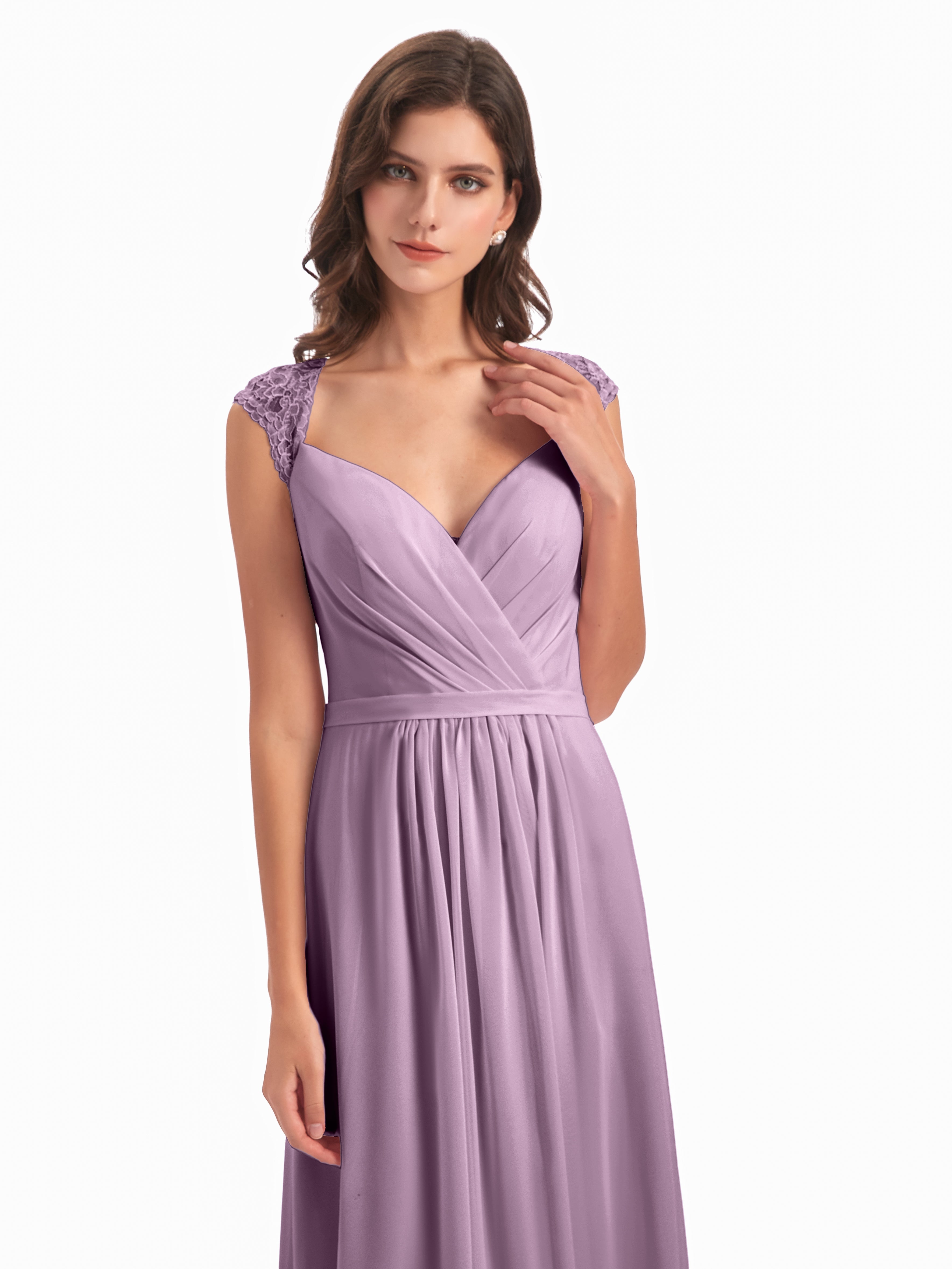 Robes De Demoiselle D'Honneur Glycine Mancherons Dos Ouvert Mousseline Robes Demoiselle D'Honneur