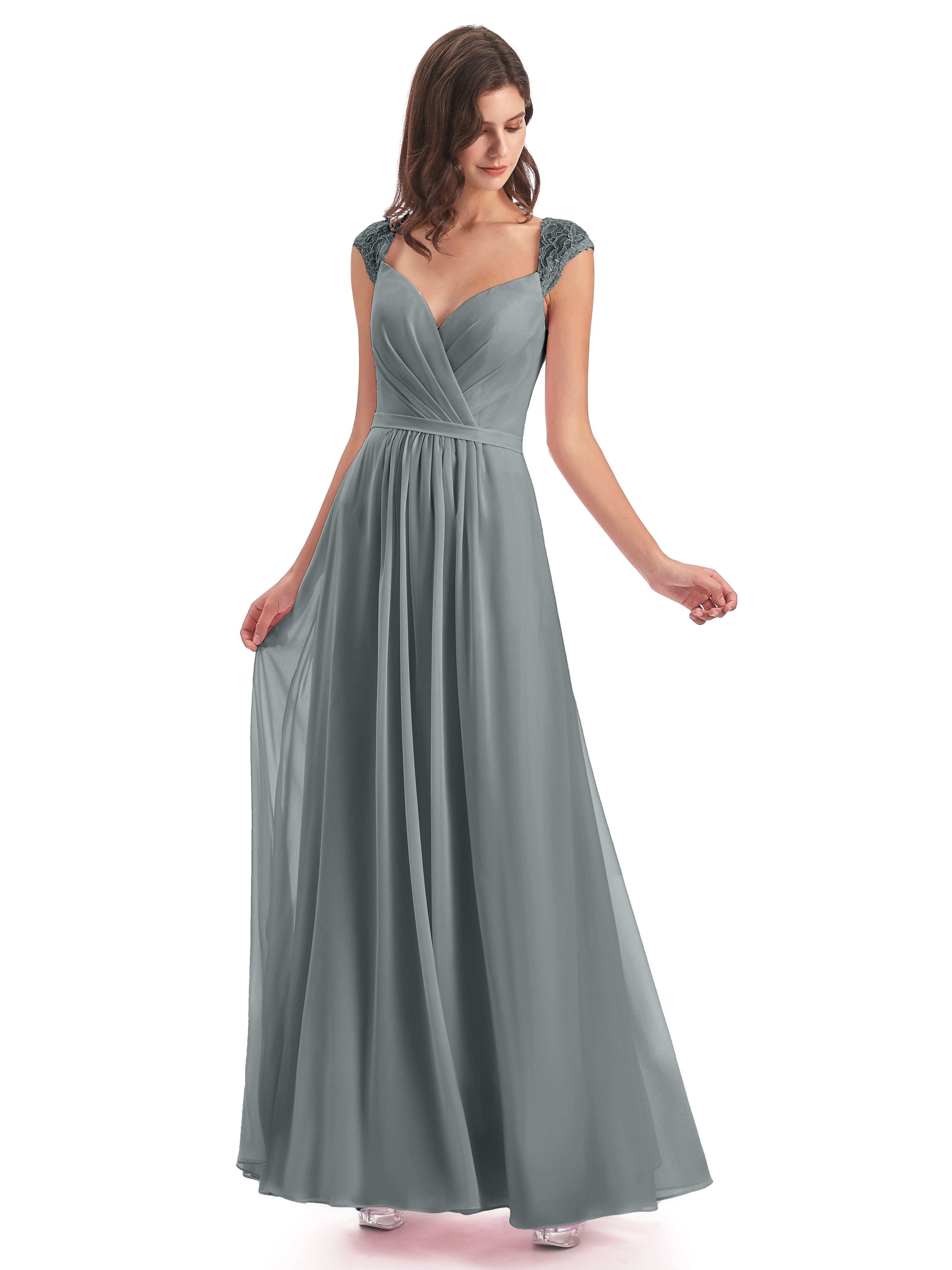 Robe Demoiselle D Honneur Gris Mancherons Dos Ouvert Mousseline Robes Demoiselle D'Honneur