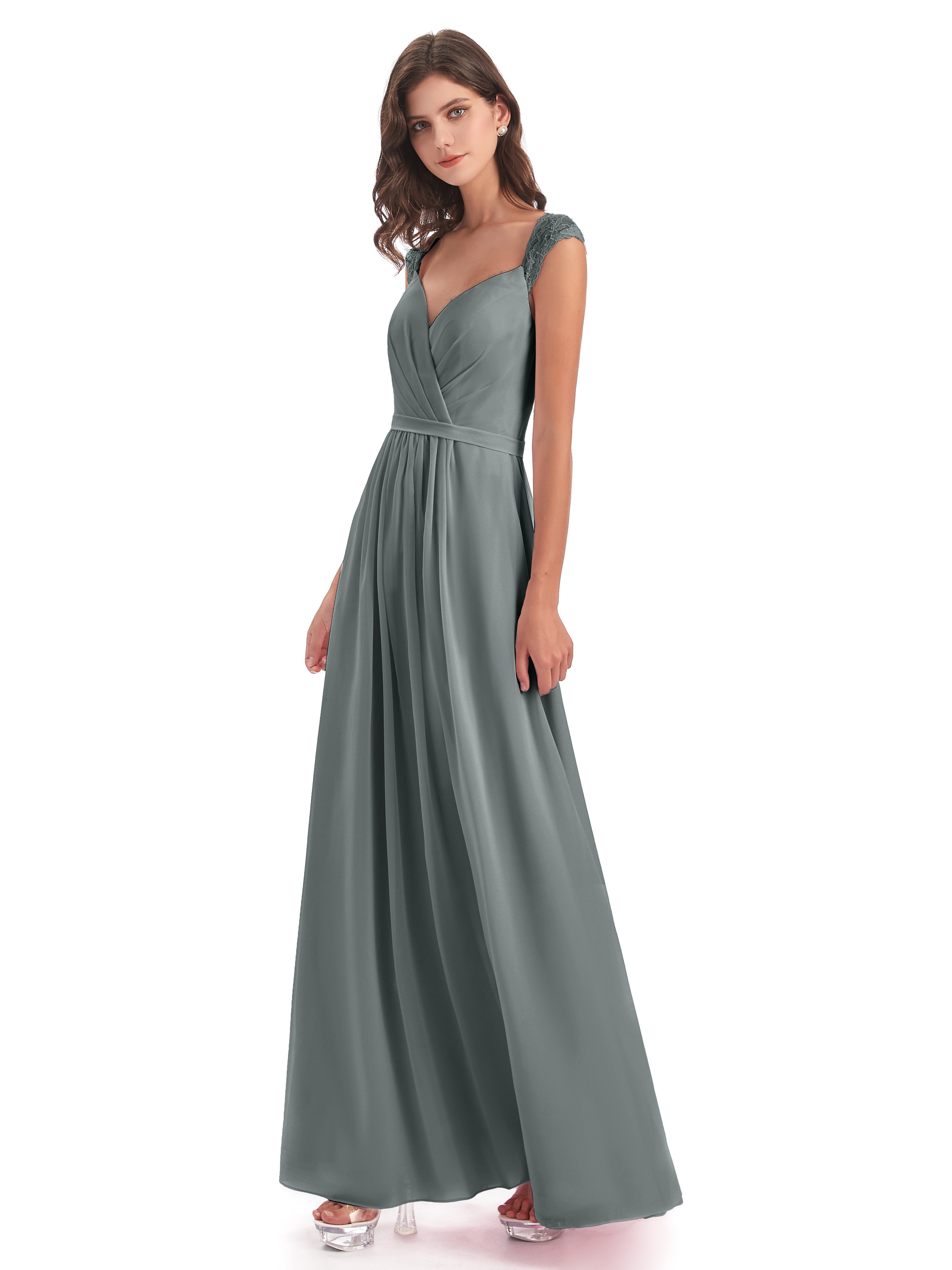 Robe Demoiselle D Honneur Gris Mancherons Dos Ouvert Mousseline Robes Demoiselle D'Honneur