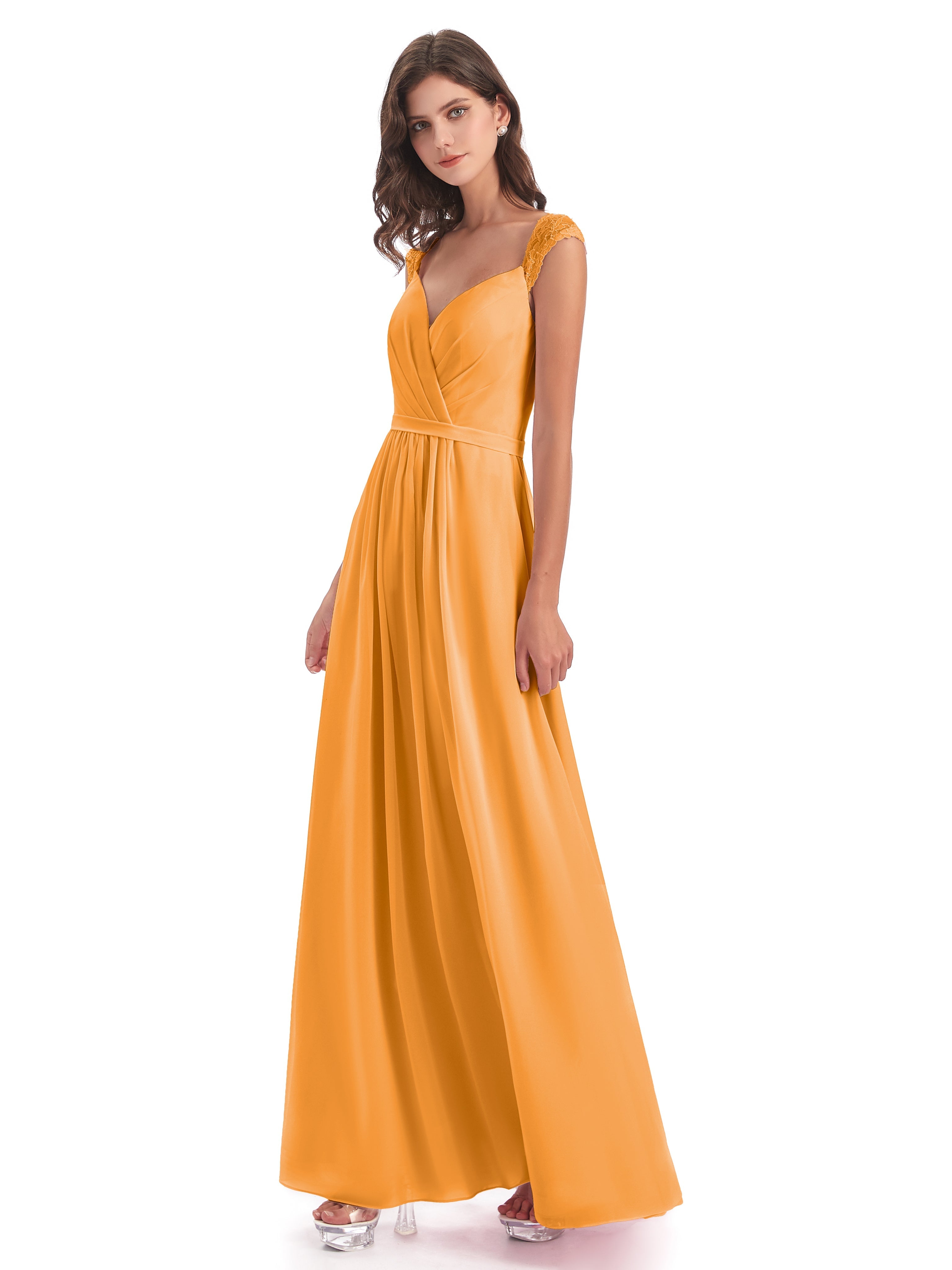 Robes De Demoiselle D'Honneur Mandarine Mancherons Dos Ouvert Mousseline Robes Demoiselle D'Honneur
