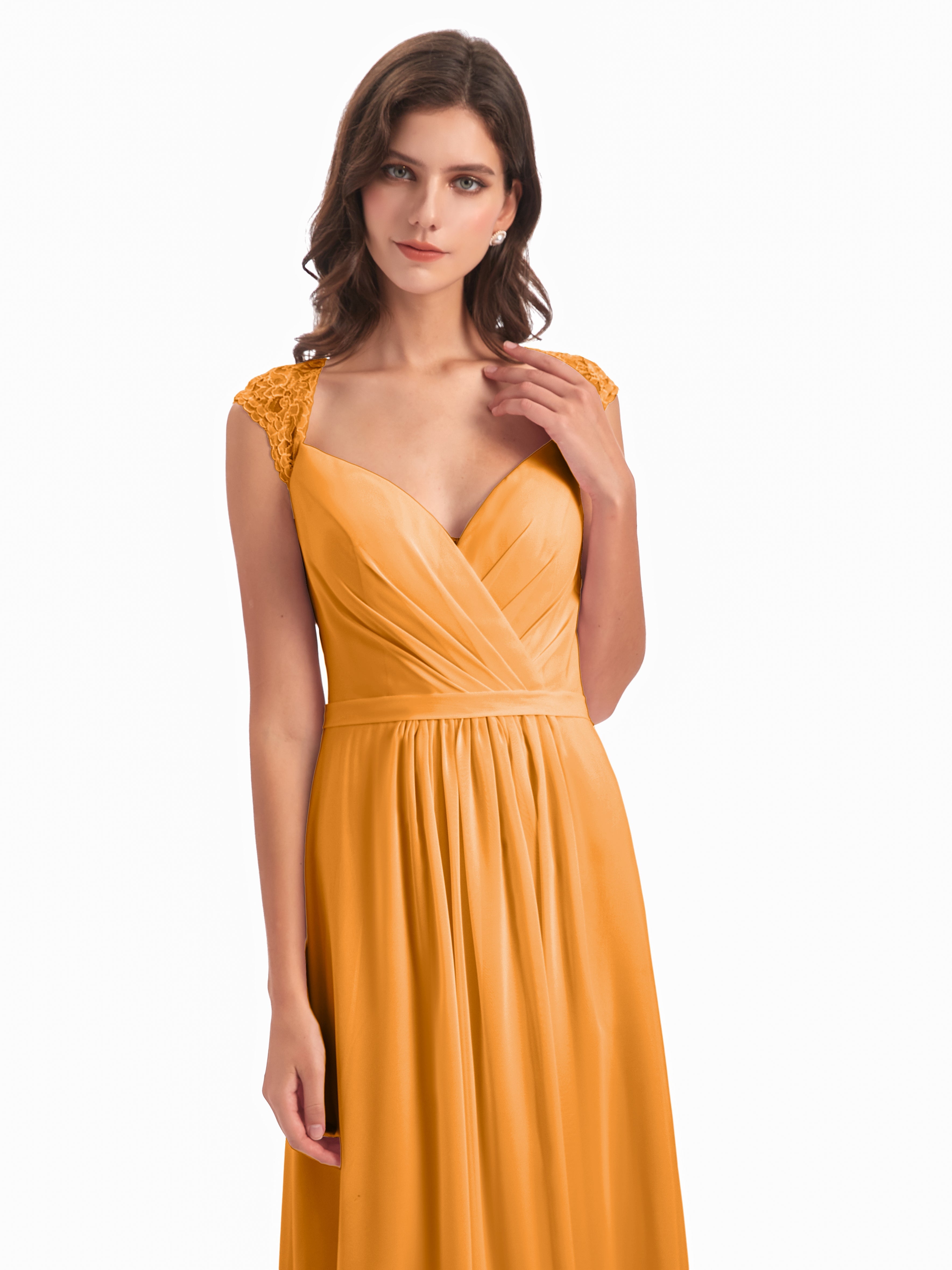 Robes De Demoiselle D'Honneur Mandarine Mancherons Dos Ouvert Mousseline Robes Demoiselle D'Honneur
