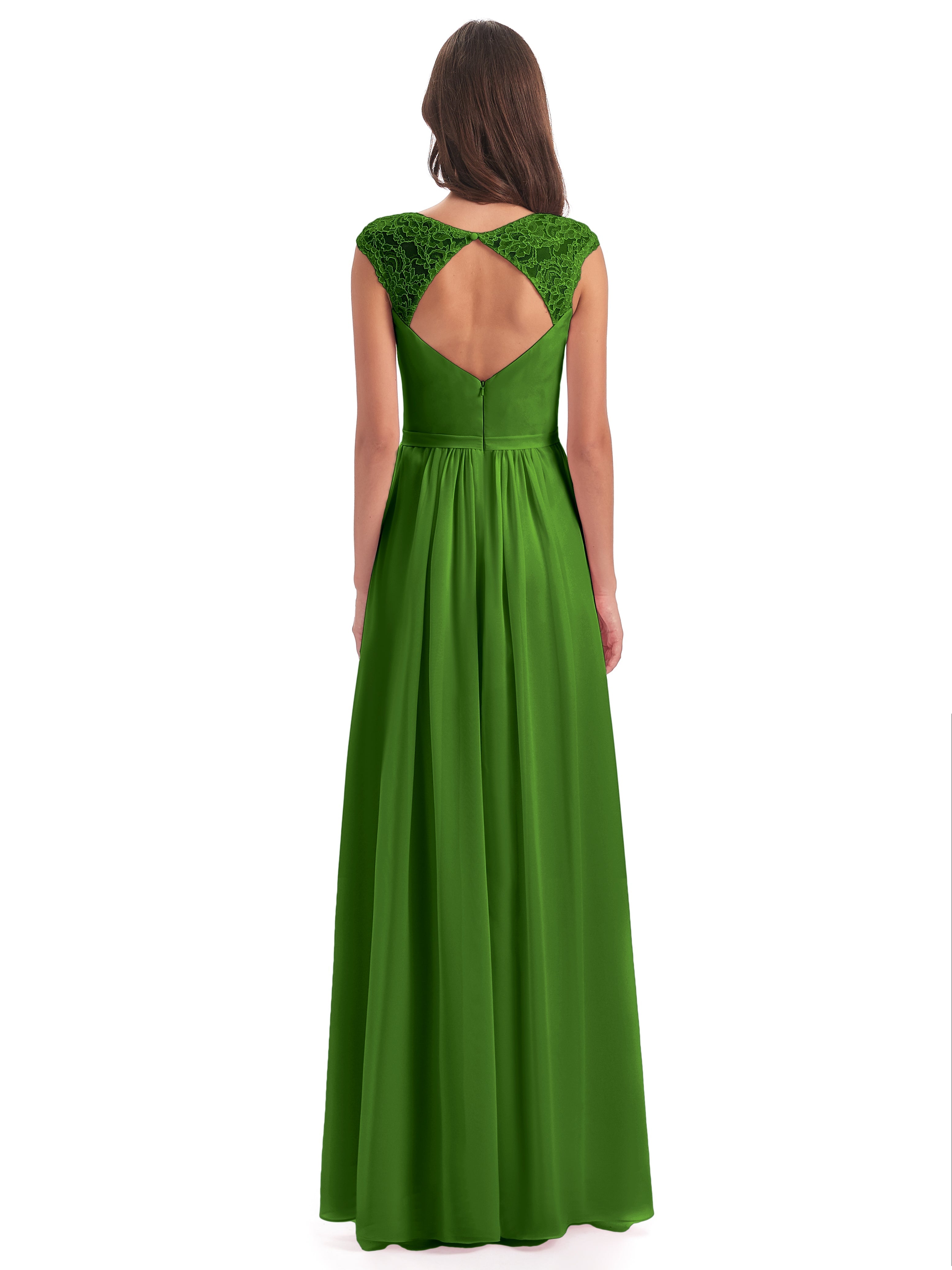 Robes De Demoiselle D'Honneur Vert Mousse Mancherons Dos Ouvert Mousseline Robes Demoiselle D'Honneur
