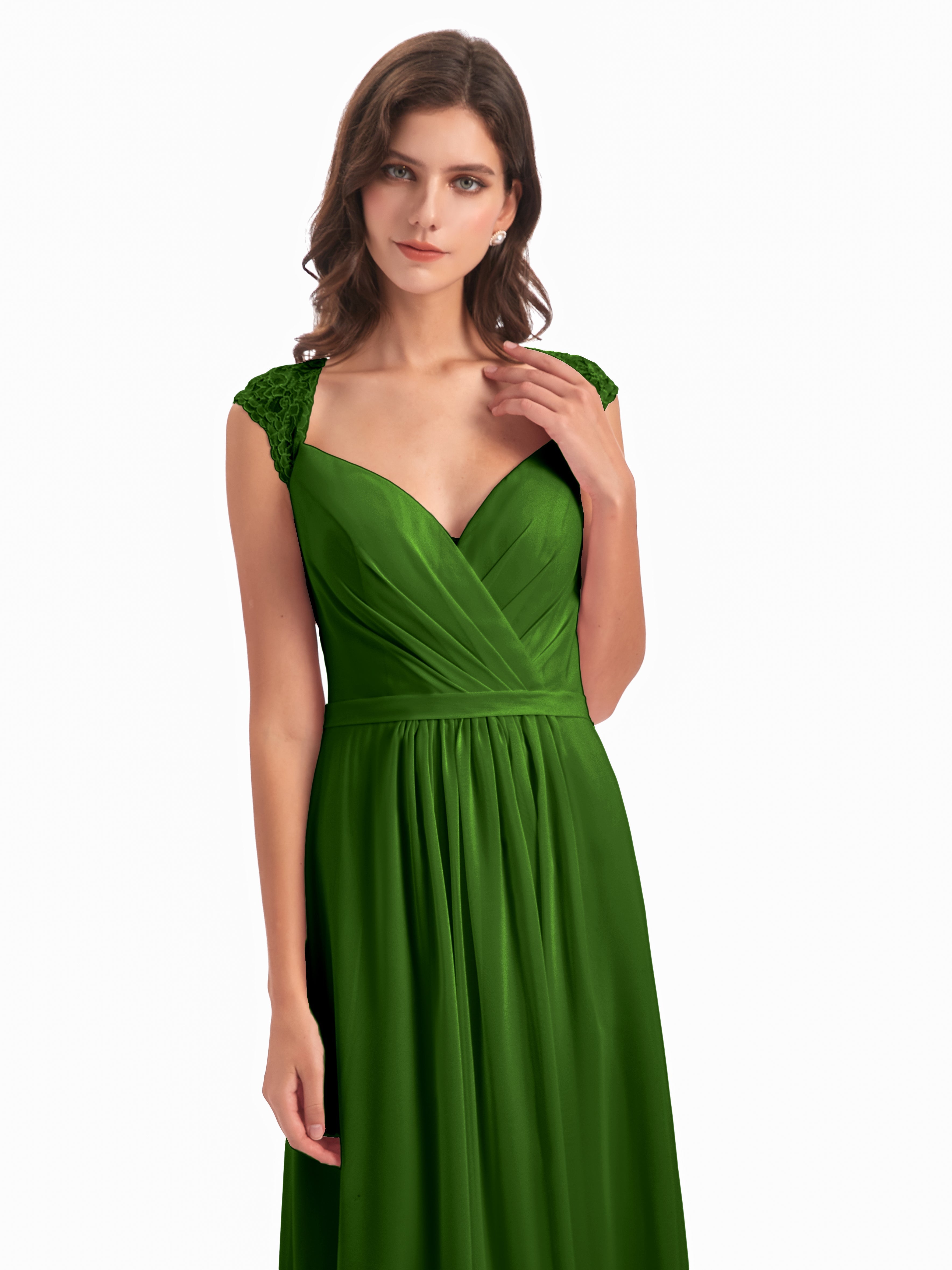 Robes De Demoiselle D'Honneur Vert Mousse Mancherons Dos Ouvert Mousseline Robes Demoiselle D'Honneur