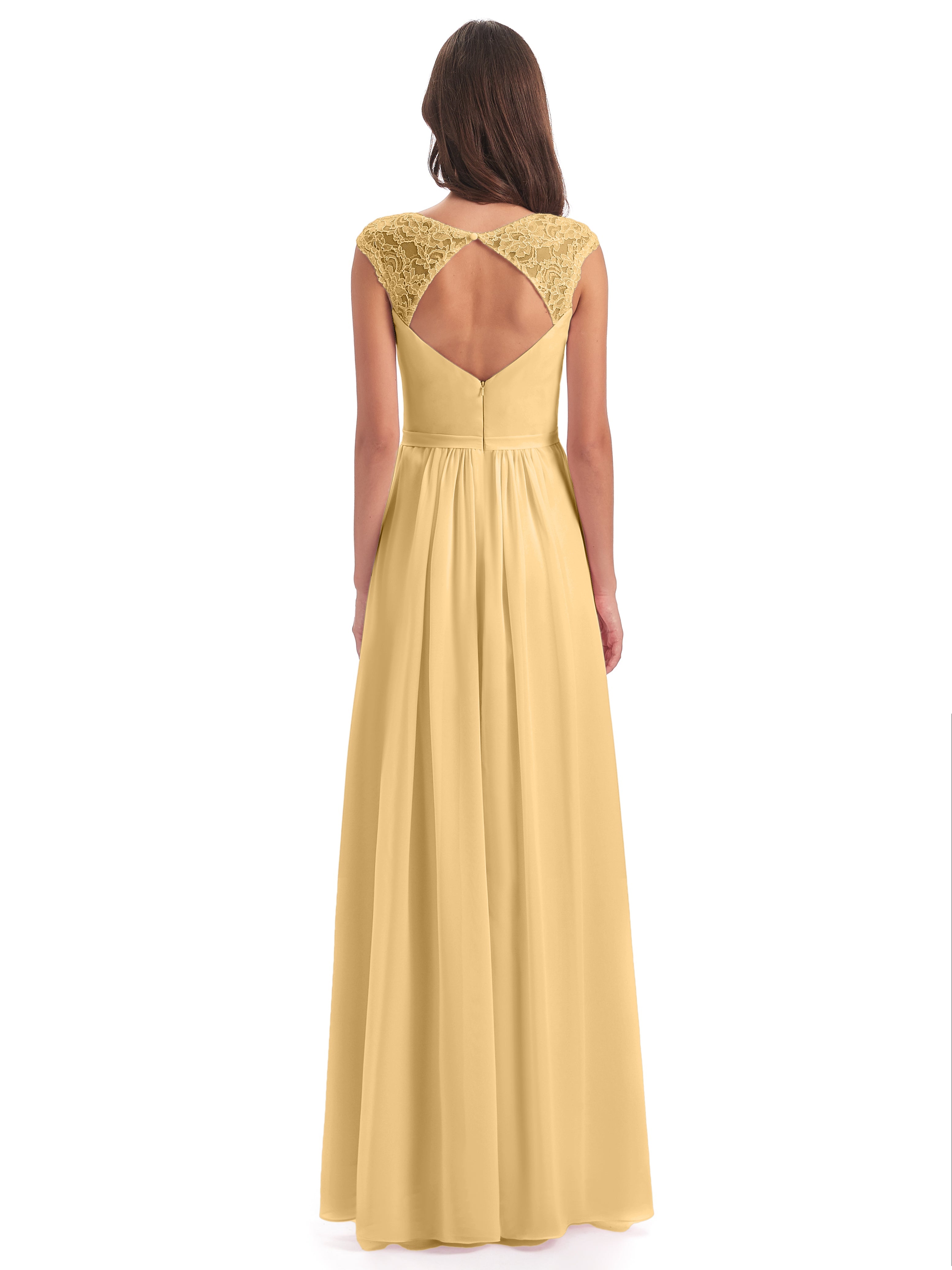 Robe De Demoiselle D Honneur Doré Mancherons Dos Ouvert Mousseline Robes Demoiselle D'Honneur
