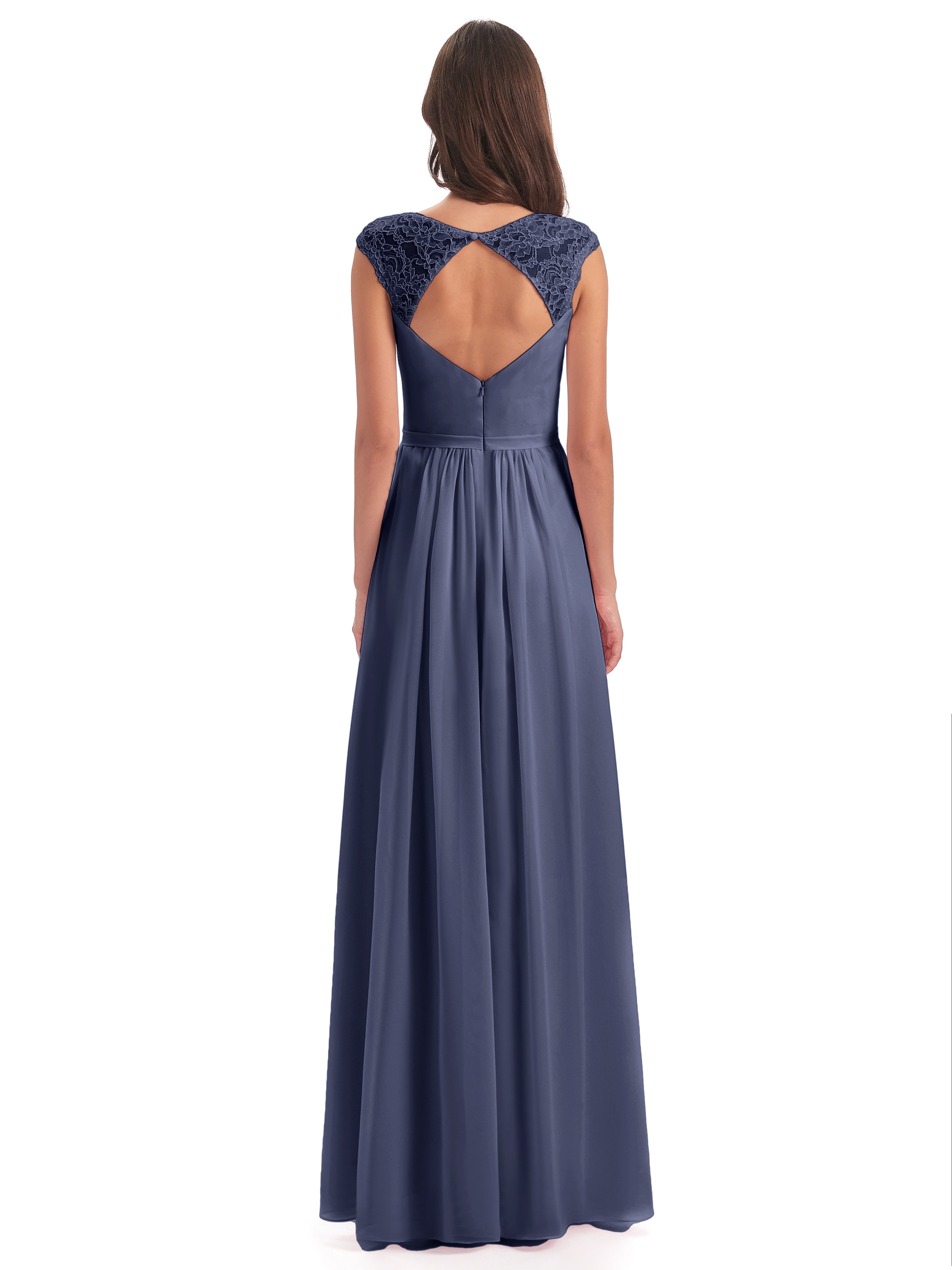 Robes De Demoiselle D'Honneur Bleu Orageux Mancherons Dos Ouvert Mousseline Robes Demoiselle D'Honneur