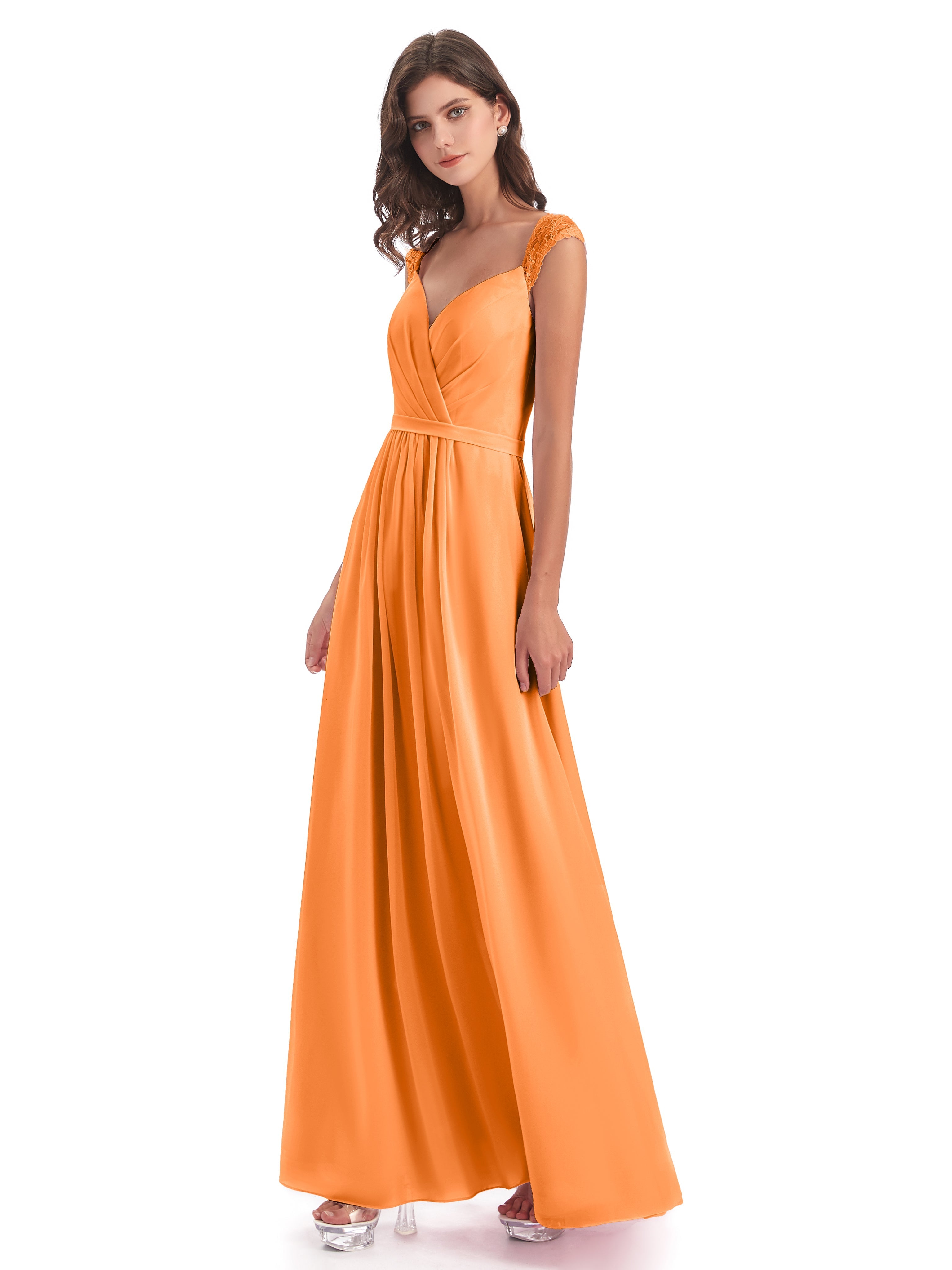 Robe Demoiselle D Honneur Orange Vif Mancherons Dos Ouvert Mousseline Robes Demoiselle D'Honneur