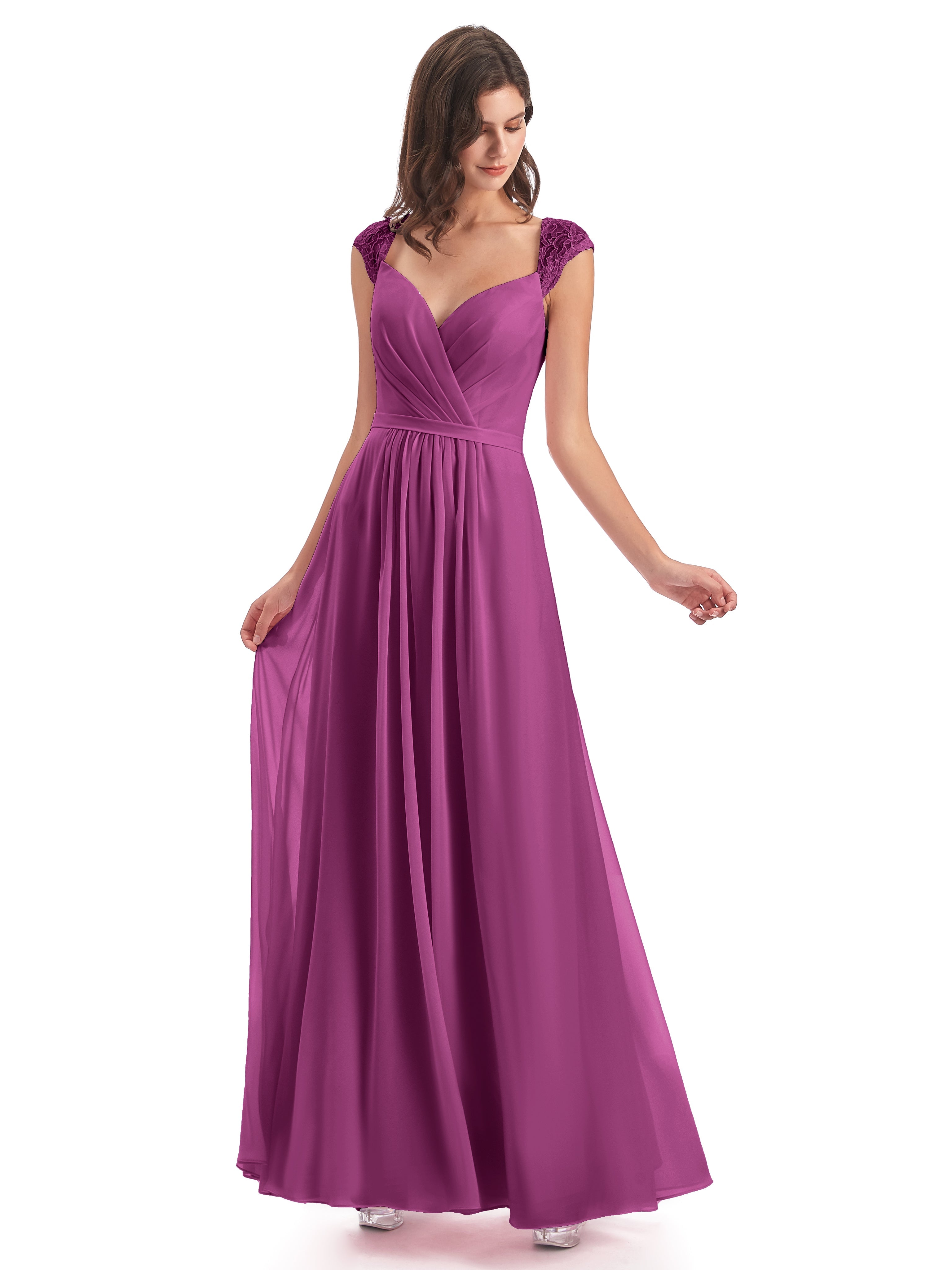 Robes De Demoiselle D'Honneur Orchidée Mancherons Dos Ouvert Mousseline Robes Demoiselle D'Honneur