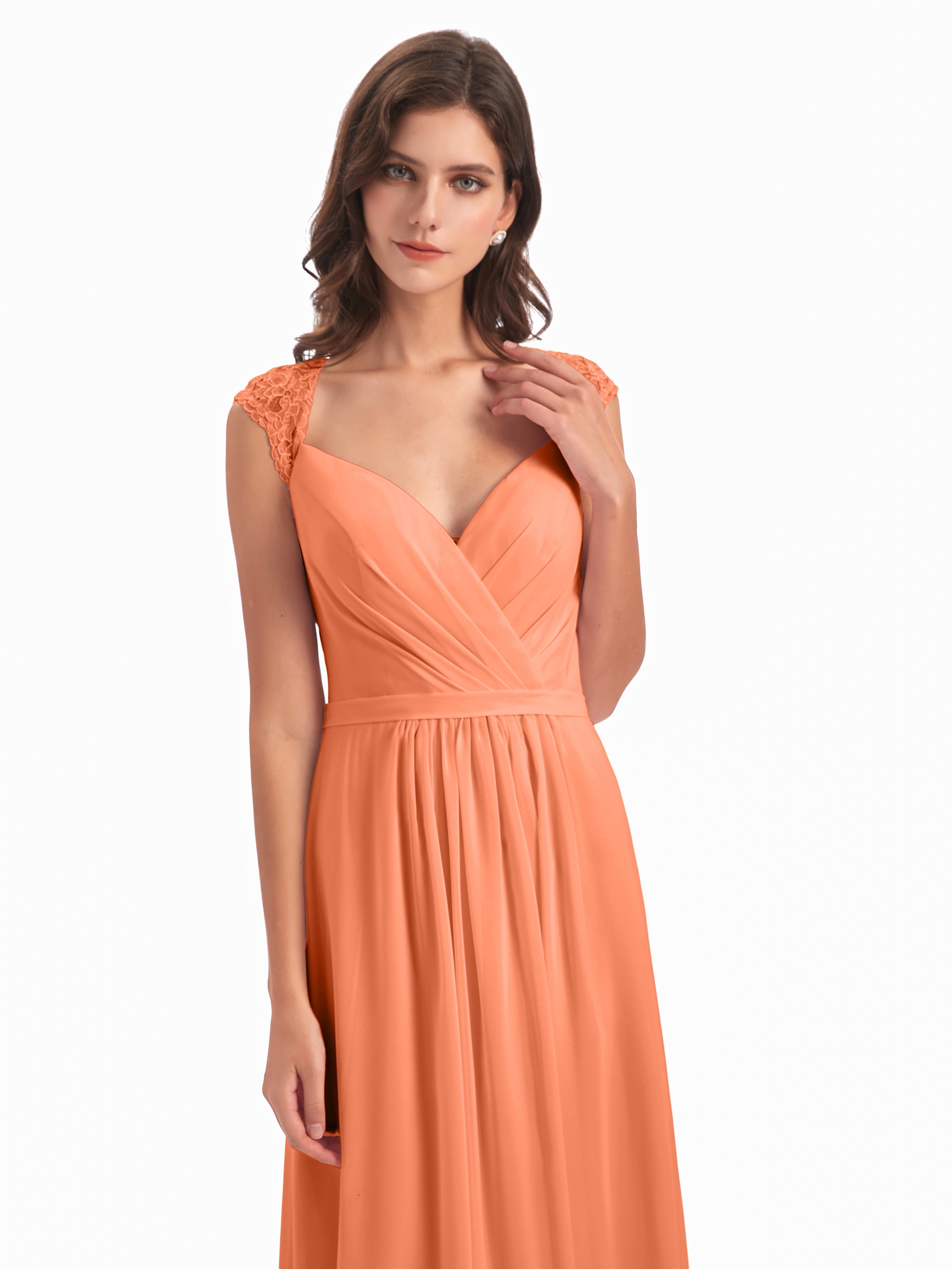 Robes De Demoiselle D'Honneur Papaye Mancherons Dos Ouvert Mousseline Robes Demoiselle D'Honneur