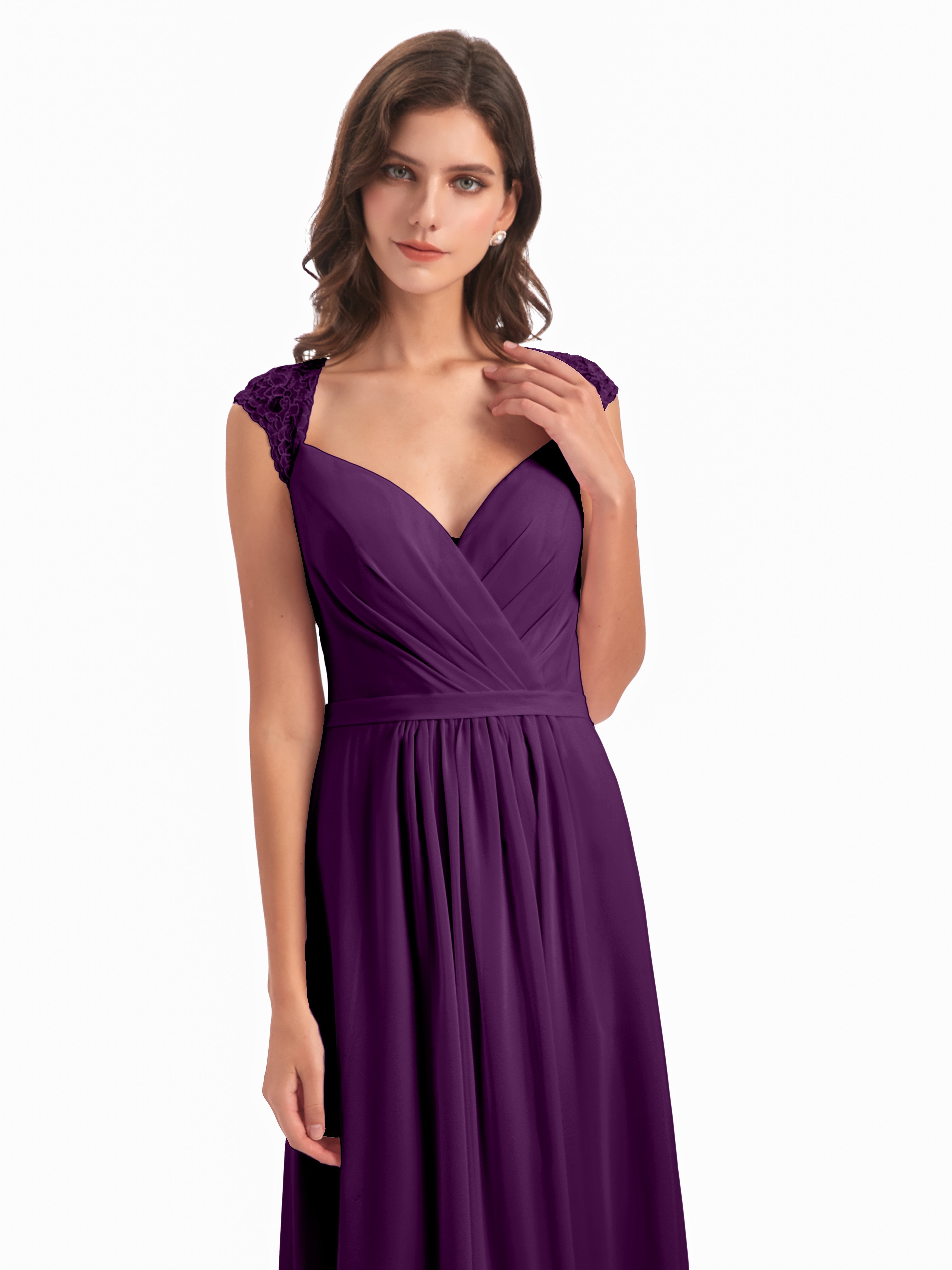 Robes De Demoiselle D'Honneur En Raisin Mancherons Dos Ouvert Mousseline Robes Demoiselle D'Honneur