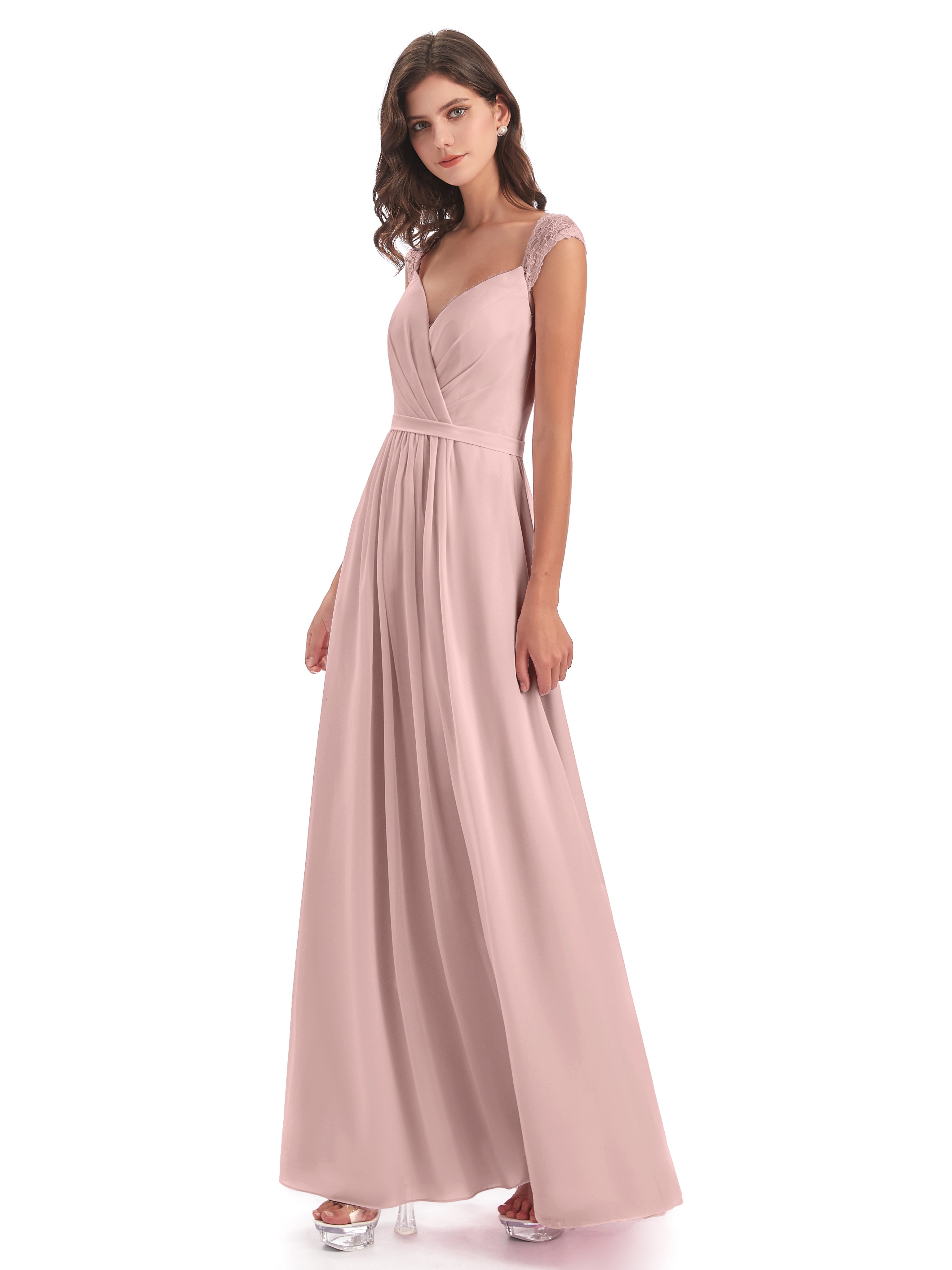 Robe Longue Demoiselle D Honneur Rose Poudré Mancherons Dos Ouvert Mousseline Robes Demoiselle D'Honneur