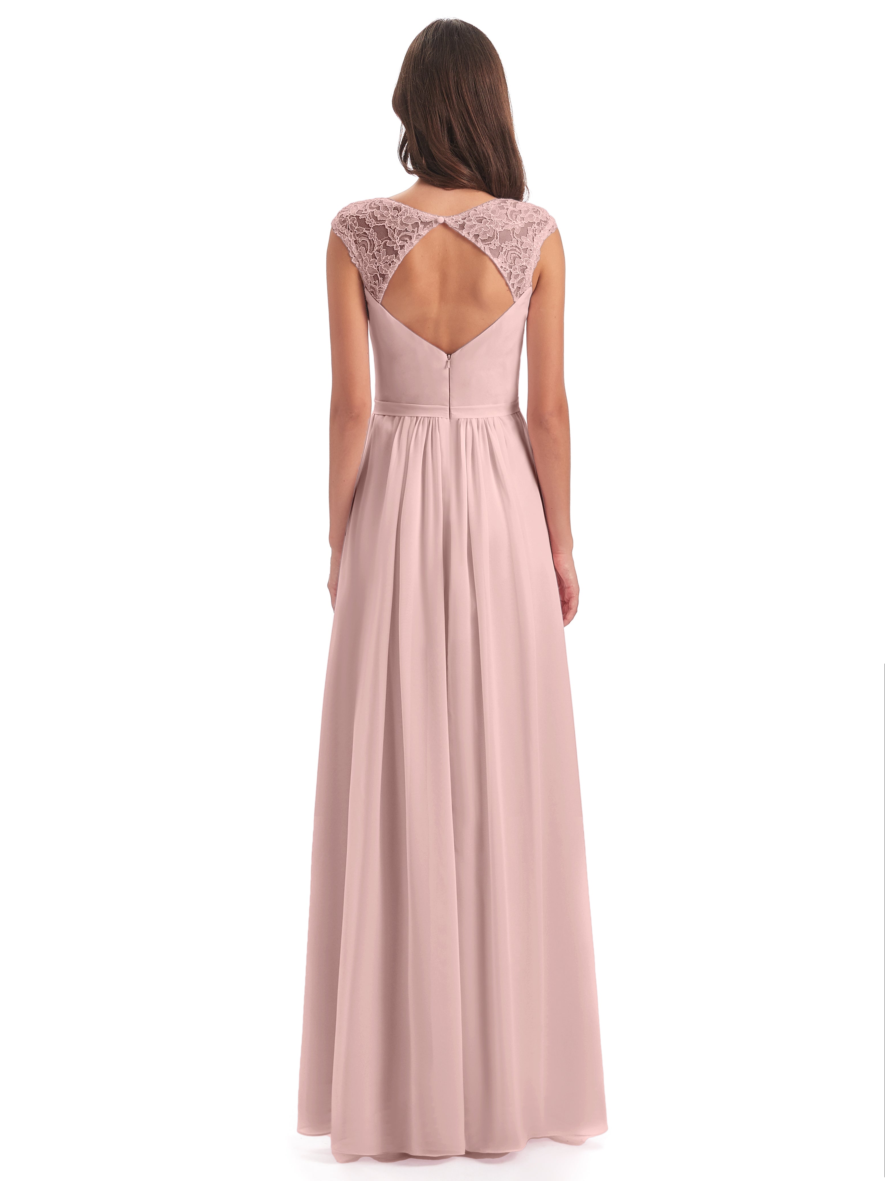 Robe Longue Demoiselle D Honneur Rose Poudré Mancherons Dos Ouvert Mousseline Robes Demoiselle D'Honneur