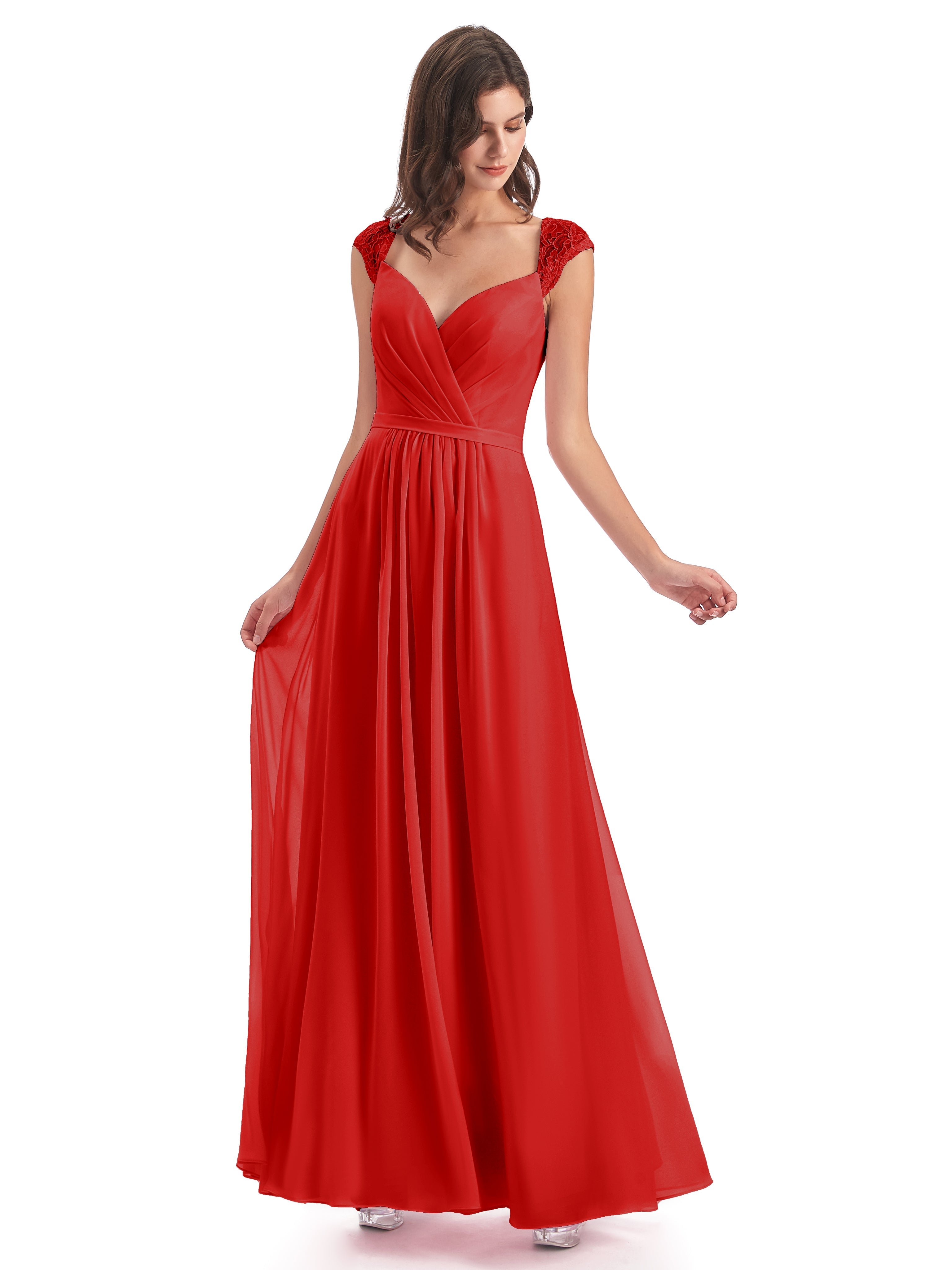 Robe Demoiselles D Honneur Rouge Mancherons Dos Ouvert Mousseline Robes Demoiselle D'Honneur