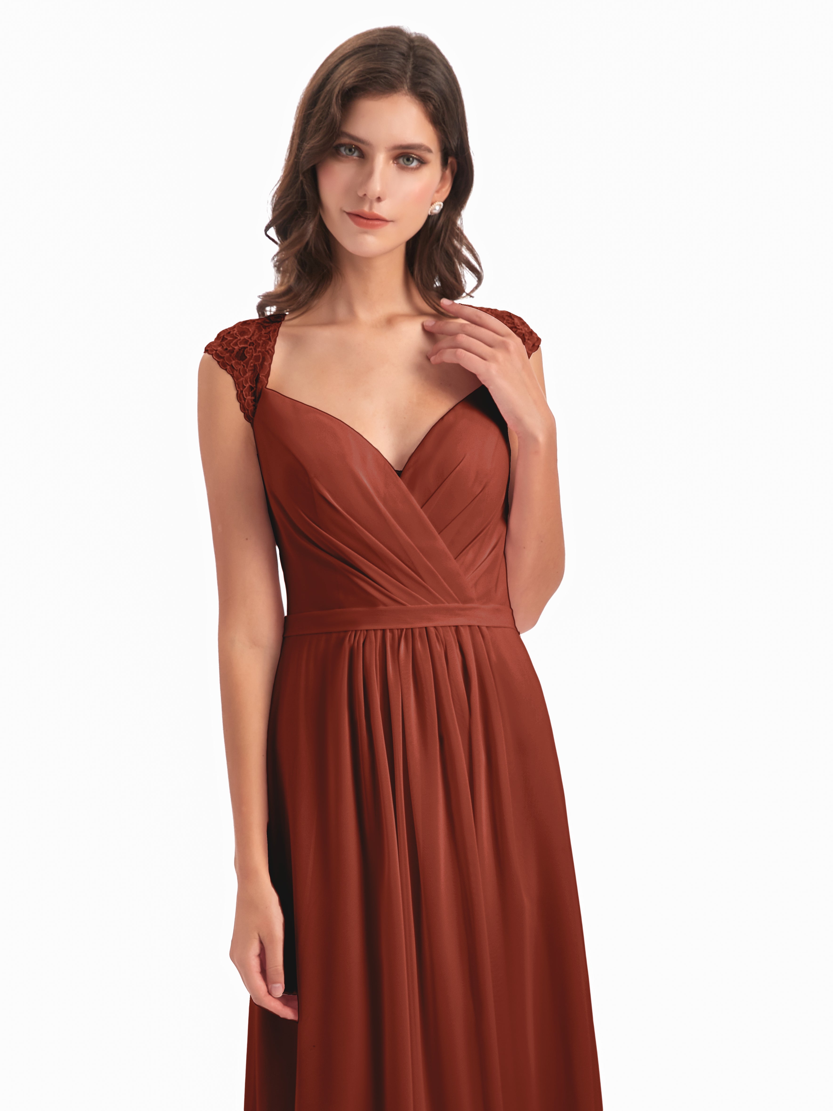 Robes De Demoiselle D'Honneur Couleur Rouille Mancherons Dos Ouvert Mousseline Robes Demoiselle D'Honneur