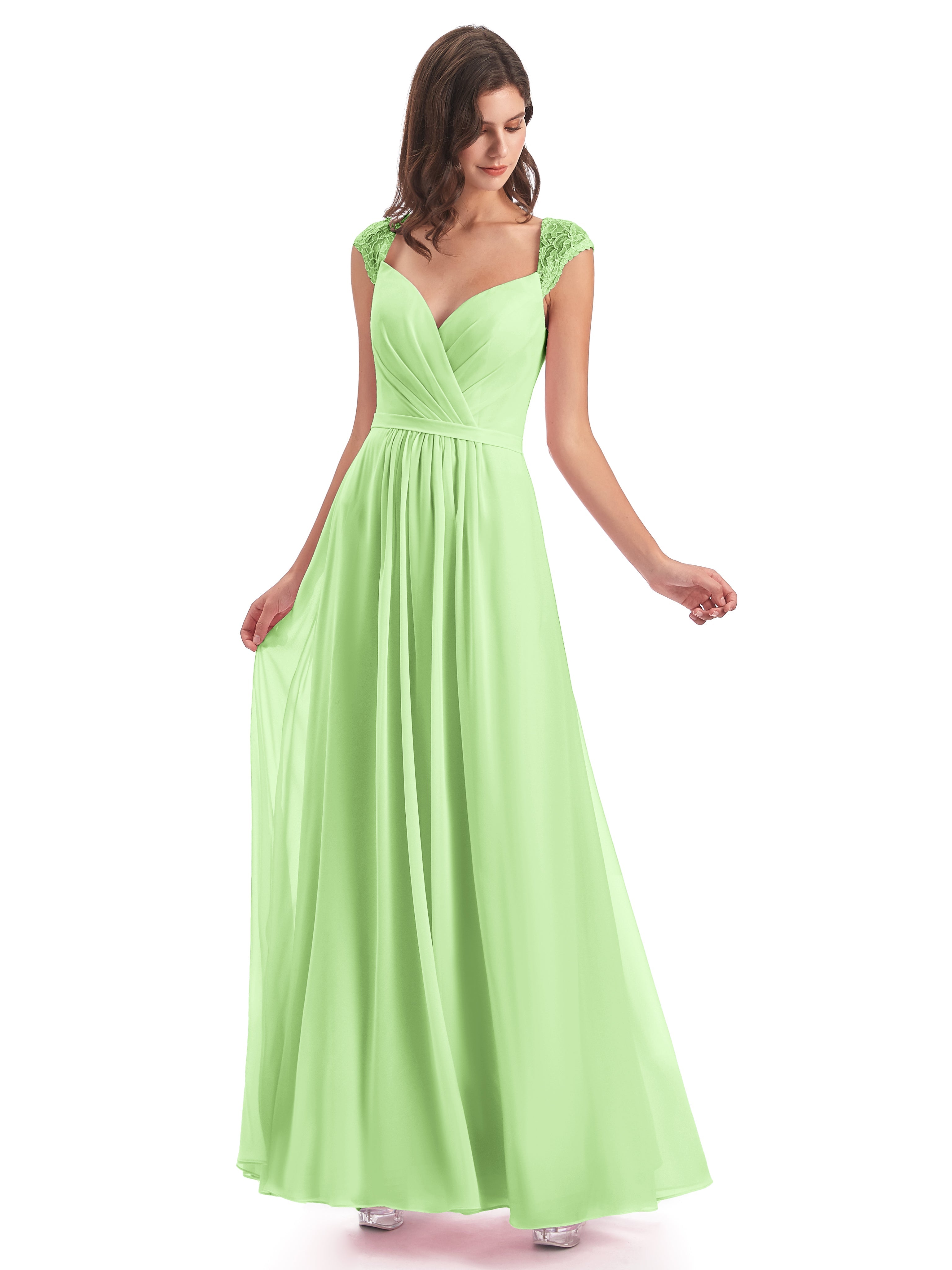 Robe Demoiselle D Honneur Verte Sauge Mancherons Dos Ouvert Mousseline Robes Demoiselle D'Honneur