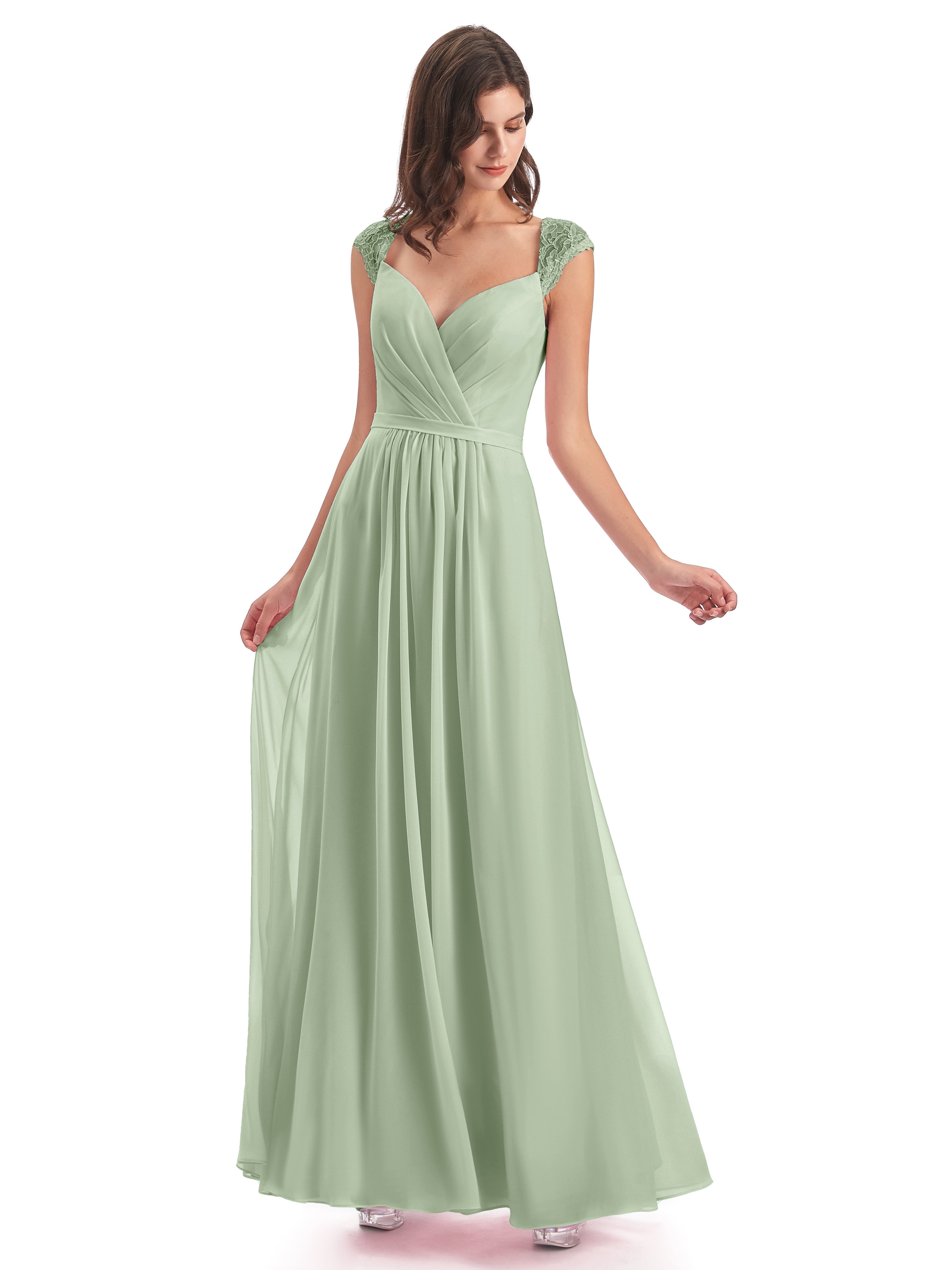 Robes De Demoiselle D'Honneur Couleur Sauge Poussiéreuse Mancherons Dos Ouvert Mousseline