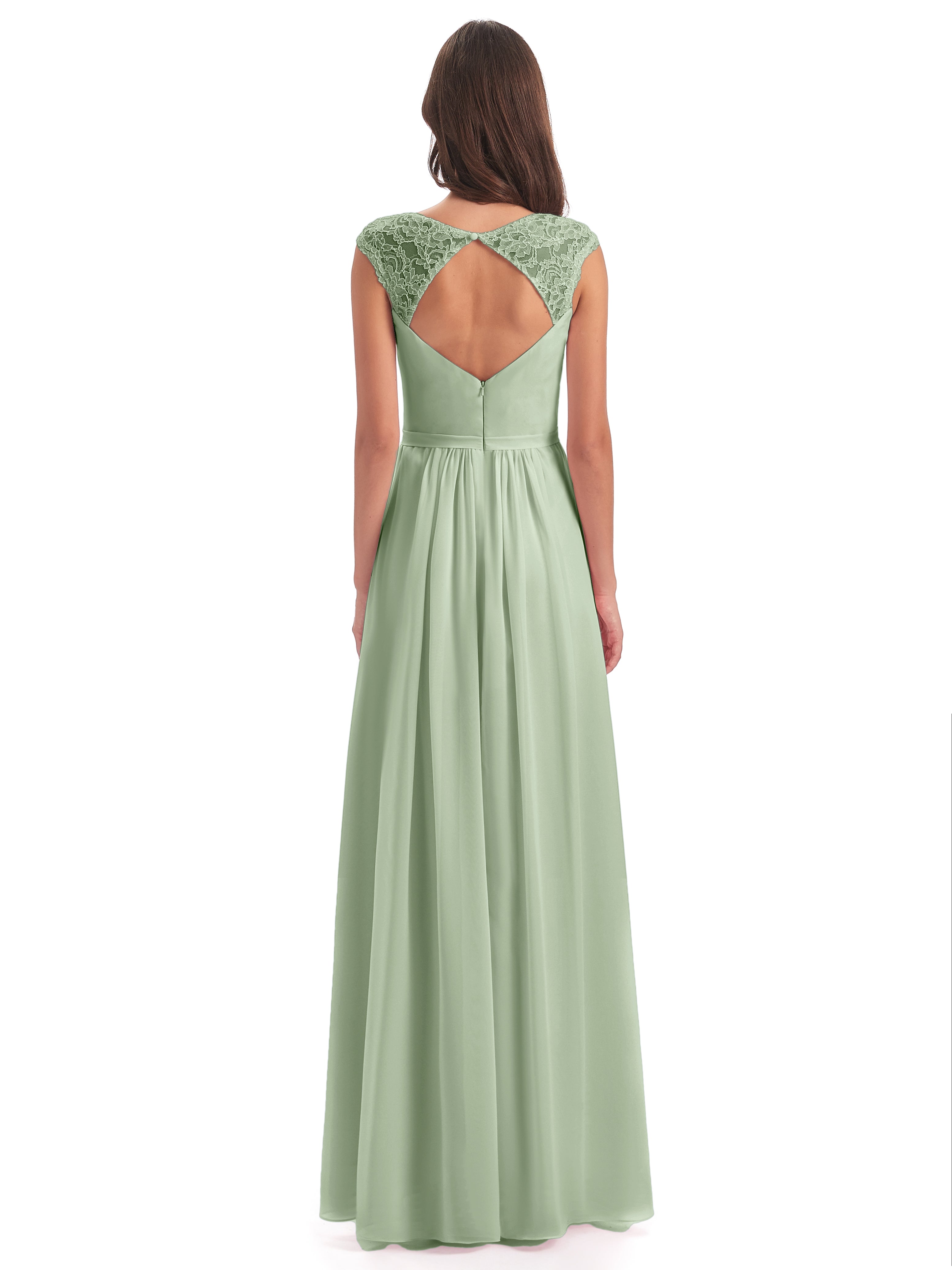 Robes De Demoiselle D'Honneur Couleur Sauge Poussiéreuse Mancherons Dos Ouvert Mousseline