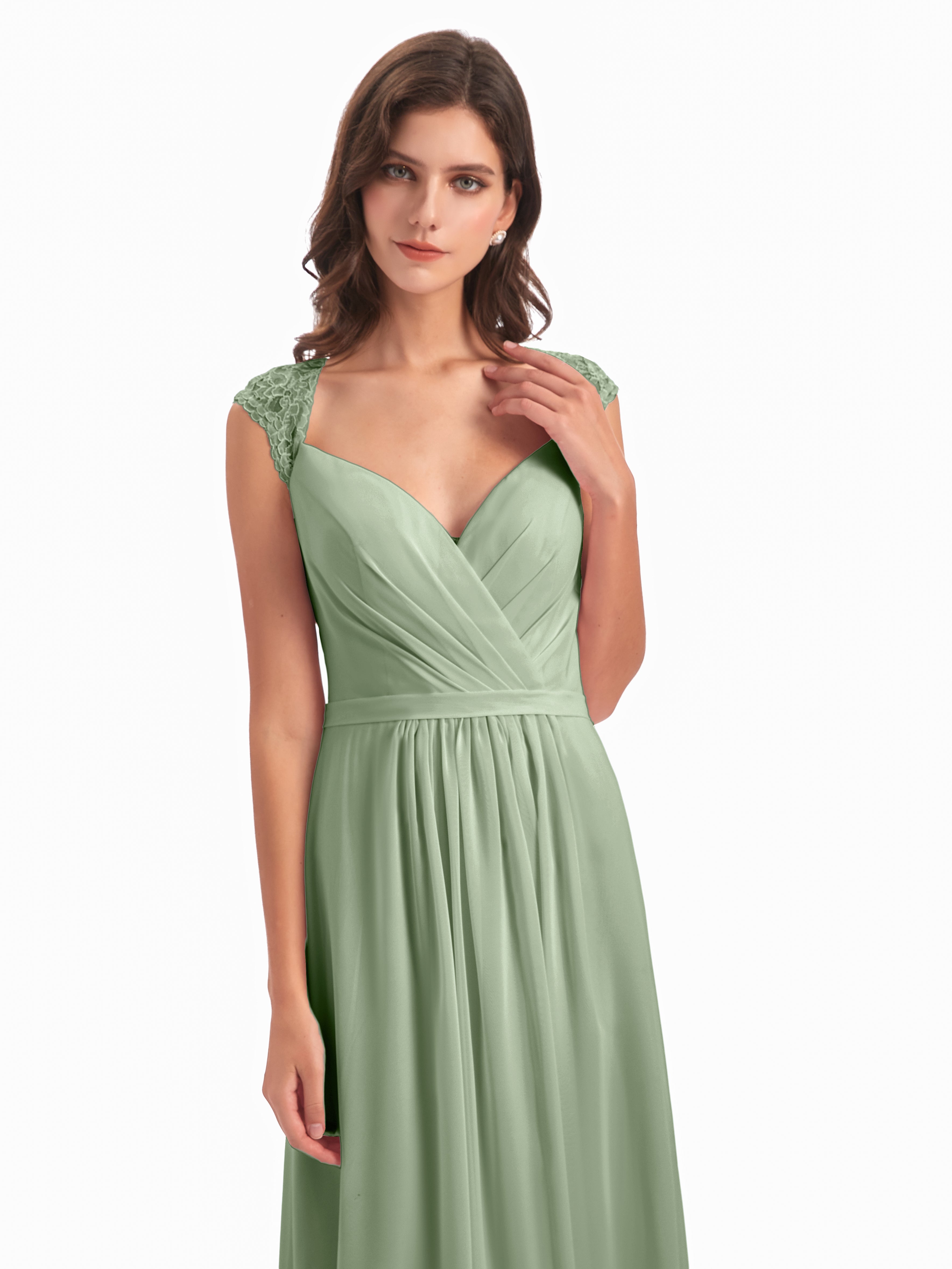 Robes De Demoiselle D'Honneur Couleur Sauge Poussiéreuse Mancherons Dos Ouvert Mousseline