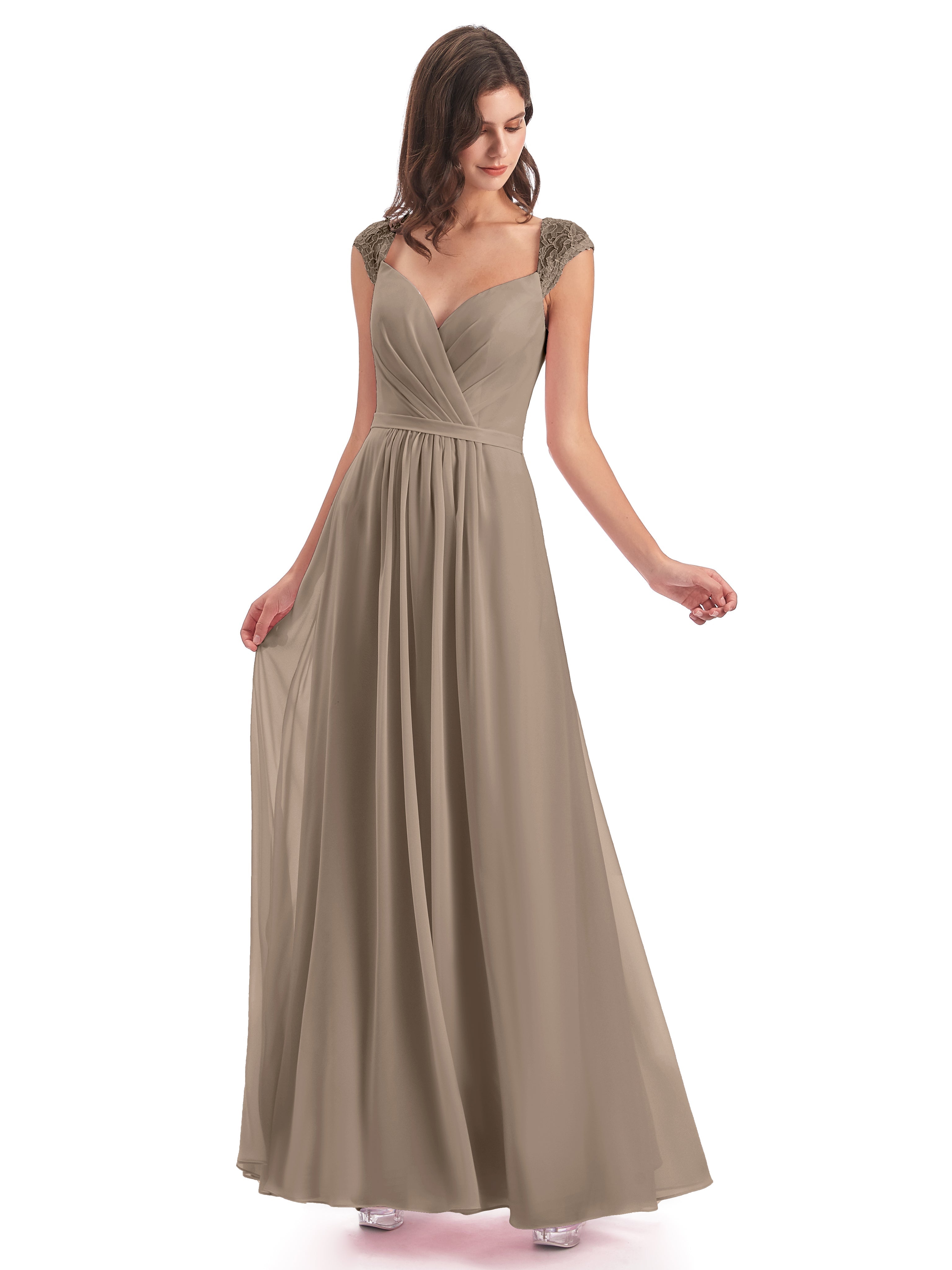 Robe Taupe Demoiselle D Honneur Mancherons Dos Ouvert Mousseline Robes Demoiselle D'Honneur