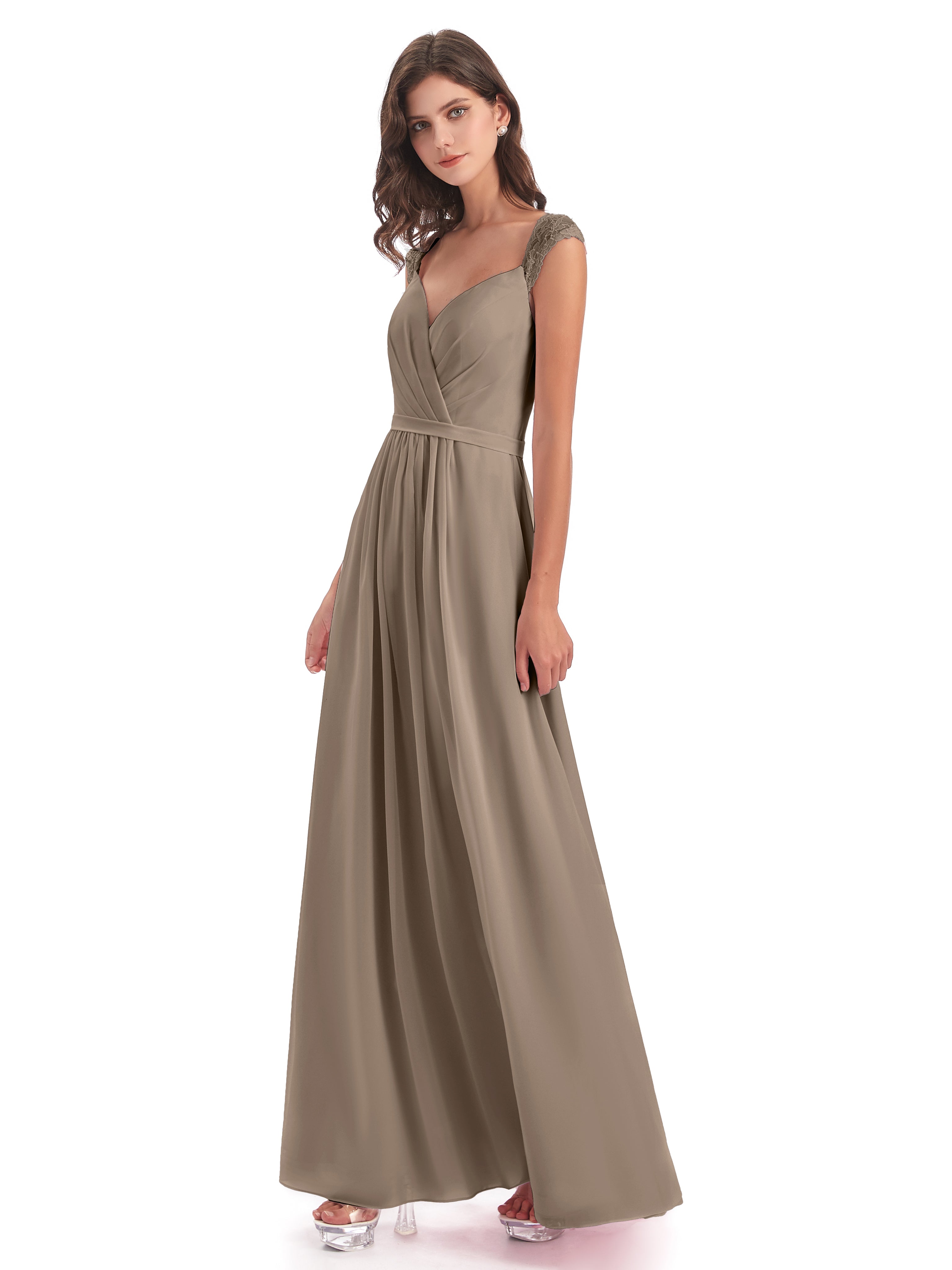 Robe Taupe Demoiselle D Honneur Mancherons Dos Ouvert Mousseline Robes Demoiselle D'Honneur