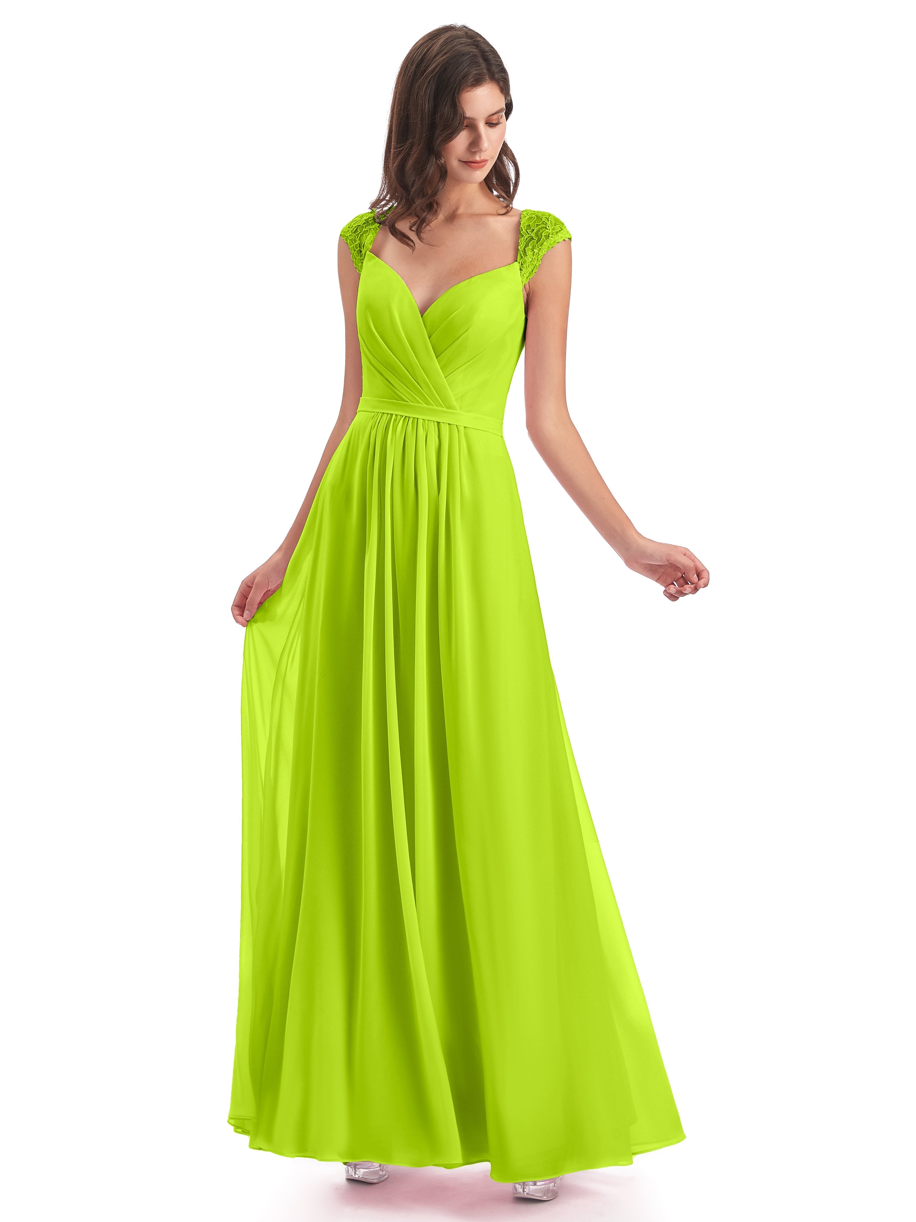 Robes De Demoiselle D'Honneur Vert Citron Mancherons Dos Ouvert Mousseline Robes Demoiselle D'Honneur