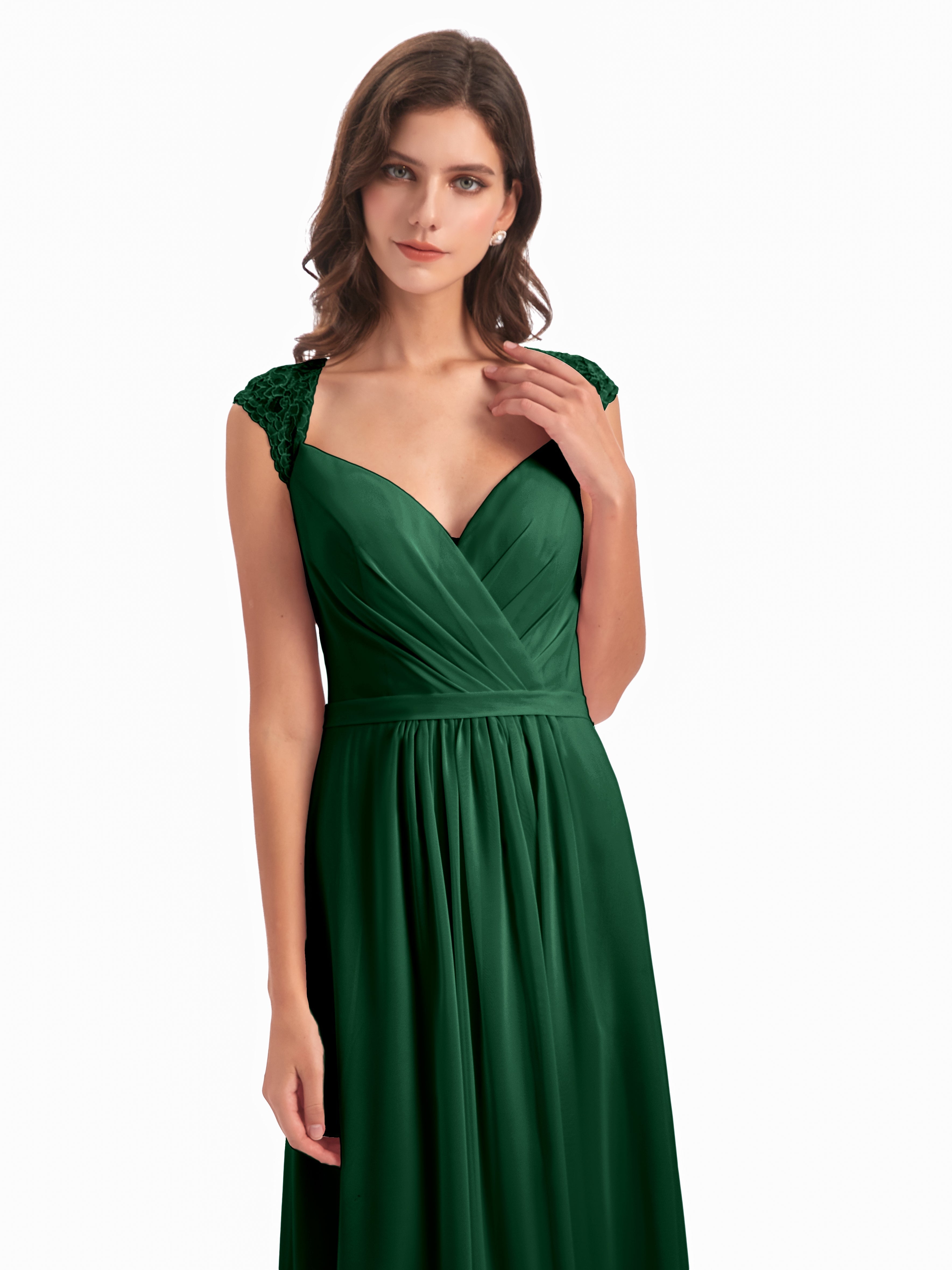 Demoiselle D'Honneur Vert Foncé Mancherons Dos Ouvert Mousseline Robes Demoiselle D'Honneur