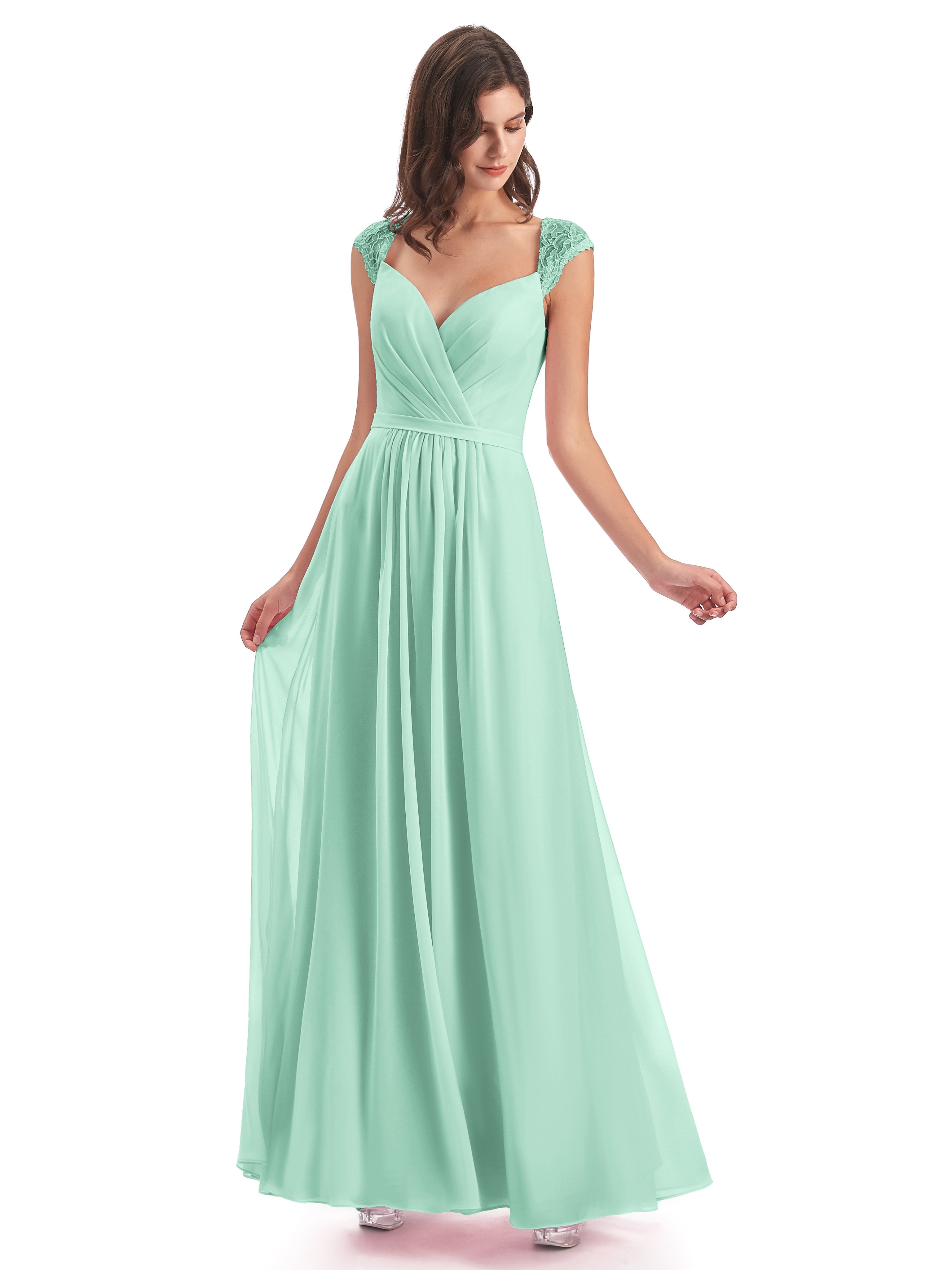 Robe Vert Menthe Demoiselle D Honneur Mancherons Dos Ouvert Mousseline Robes Demoiselle D'Honneur