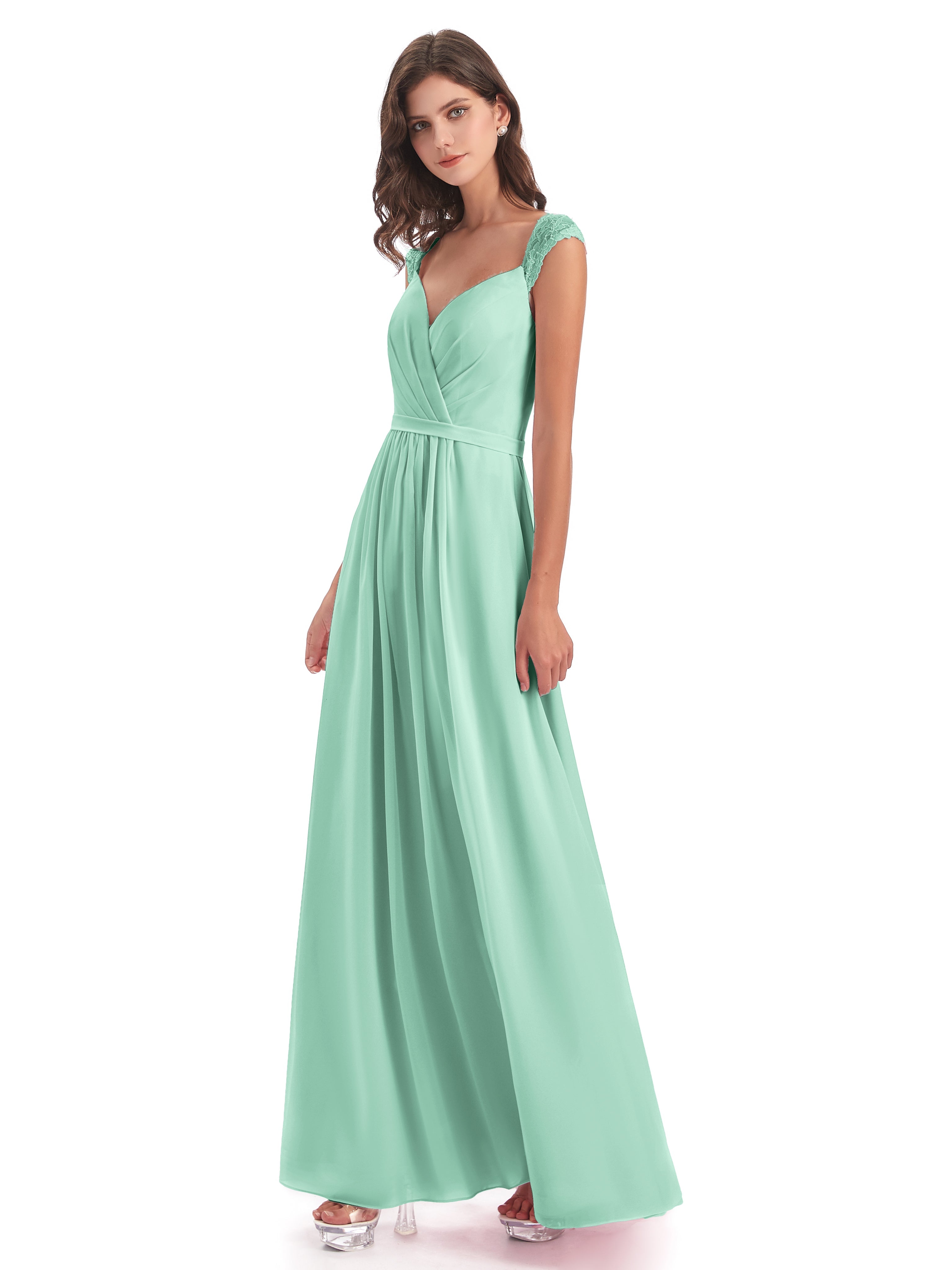 Robe Vert Menthe Demoiselle D Honneur Mancherons Dos Ouvert Mousseline Robes Demoiselle D'Honneur