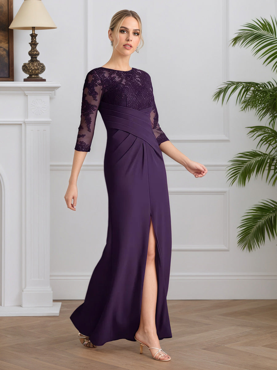 Cicinia Raisin Robe pour Mère du Marié Longue en Mousseline et Dentelle Fourreau Manches Trois-Quarts