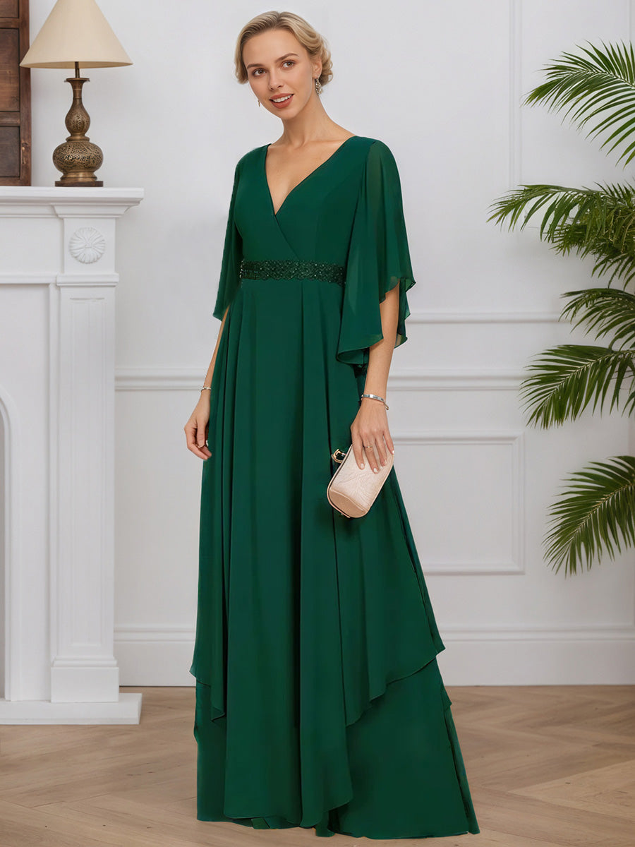 Cicinia Vert Foncé Robe pour Mère de la Mariée Longue en Mousseline Perlé A-Line Décolleté en V