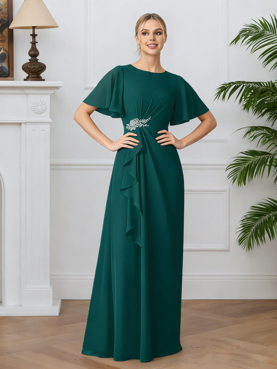 Cicinia Paon Robe pour Mère de la Mariée Longue en Mousseline A-Line Manches Courtes Perlé Fluide