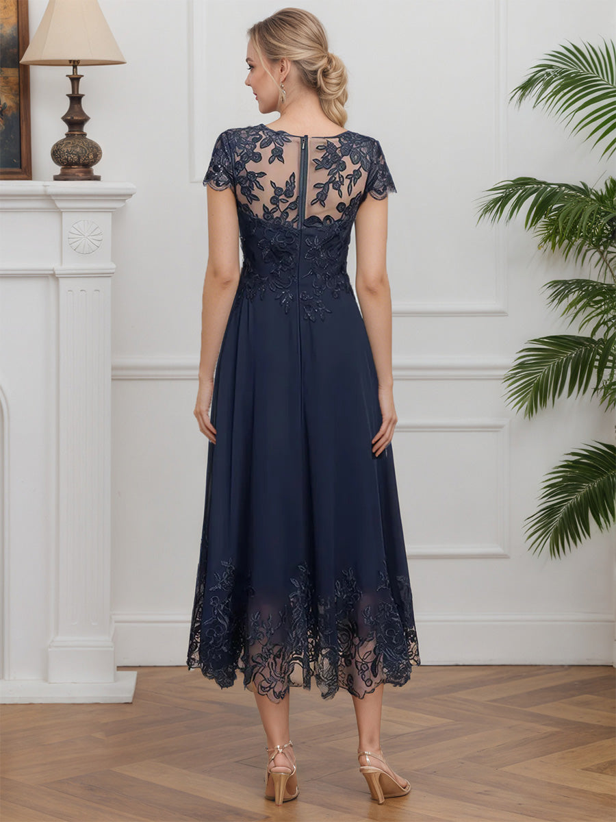 Cicinia Bleu Marine Foncé Robe pour Mère de la Mariée Longue en Mousseline et Dentelle A-Line Manches Capelines Courtes Grande Taille