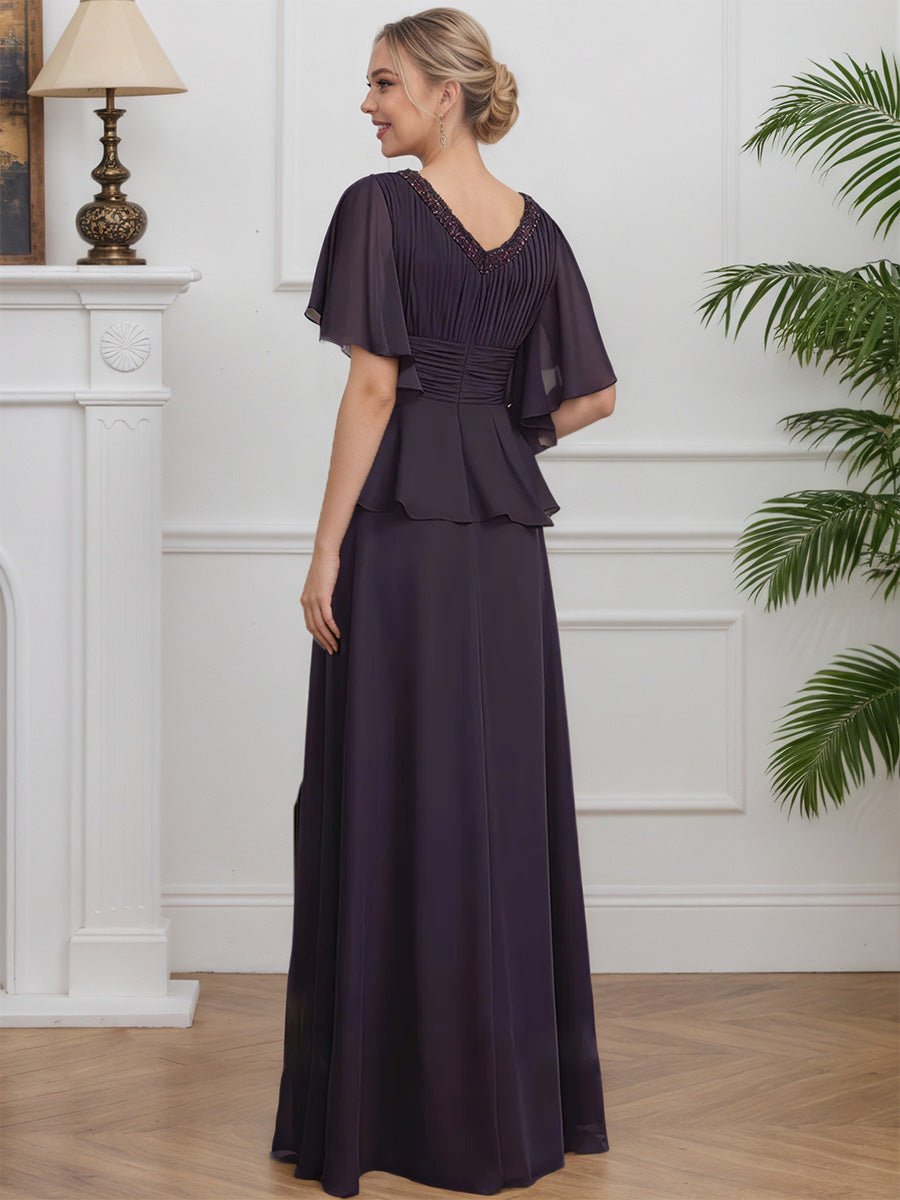 Cicinia Prune Robe pour Mère de la Mariée Longue en Mousseline A-Line Perlé Décolleté en V