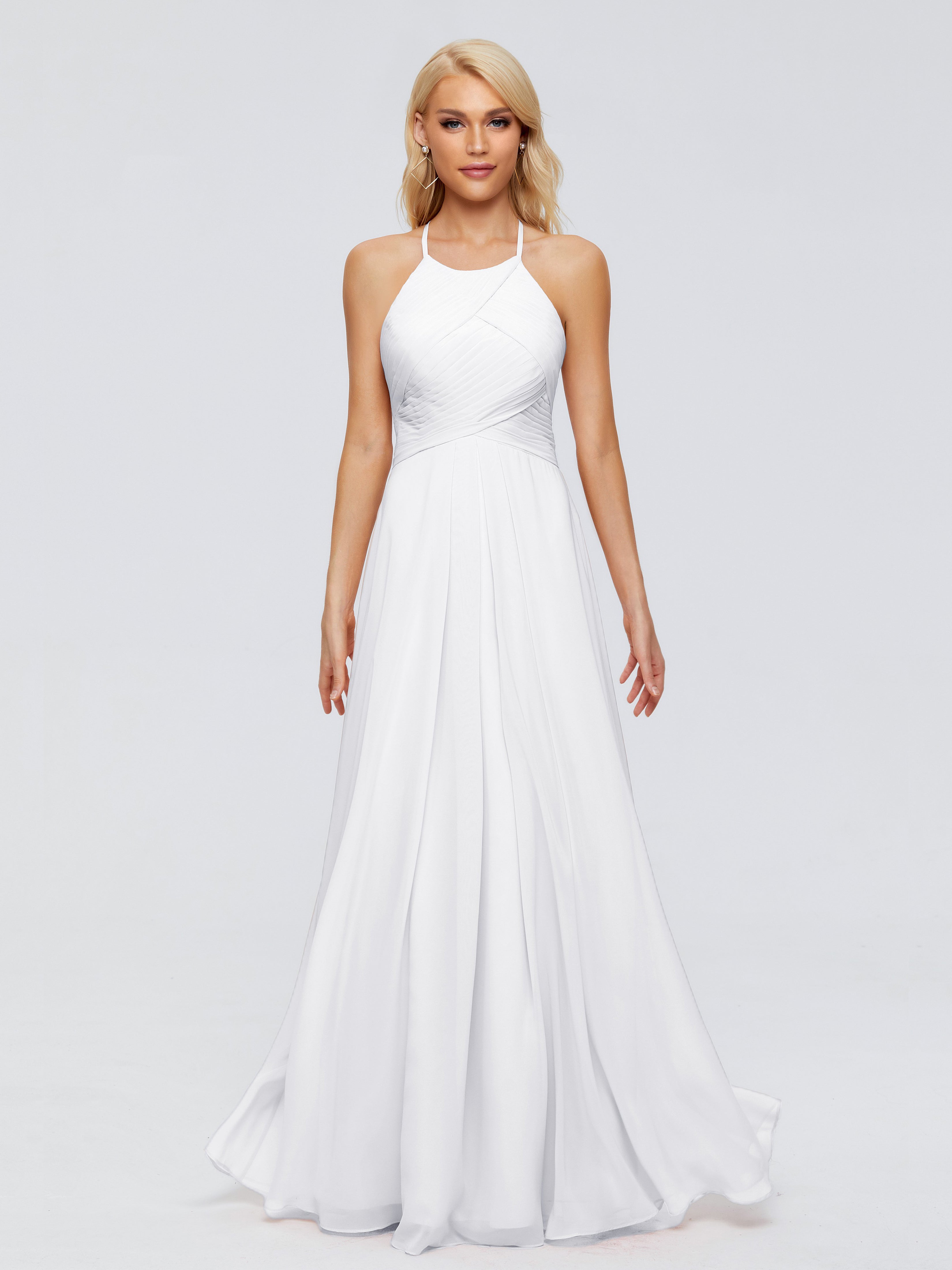 Longues Robes De Demoiselle D'Honneur Blanches Finley Trapèze Licou Mousseline Robes Demoiselle D'Honneur