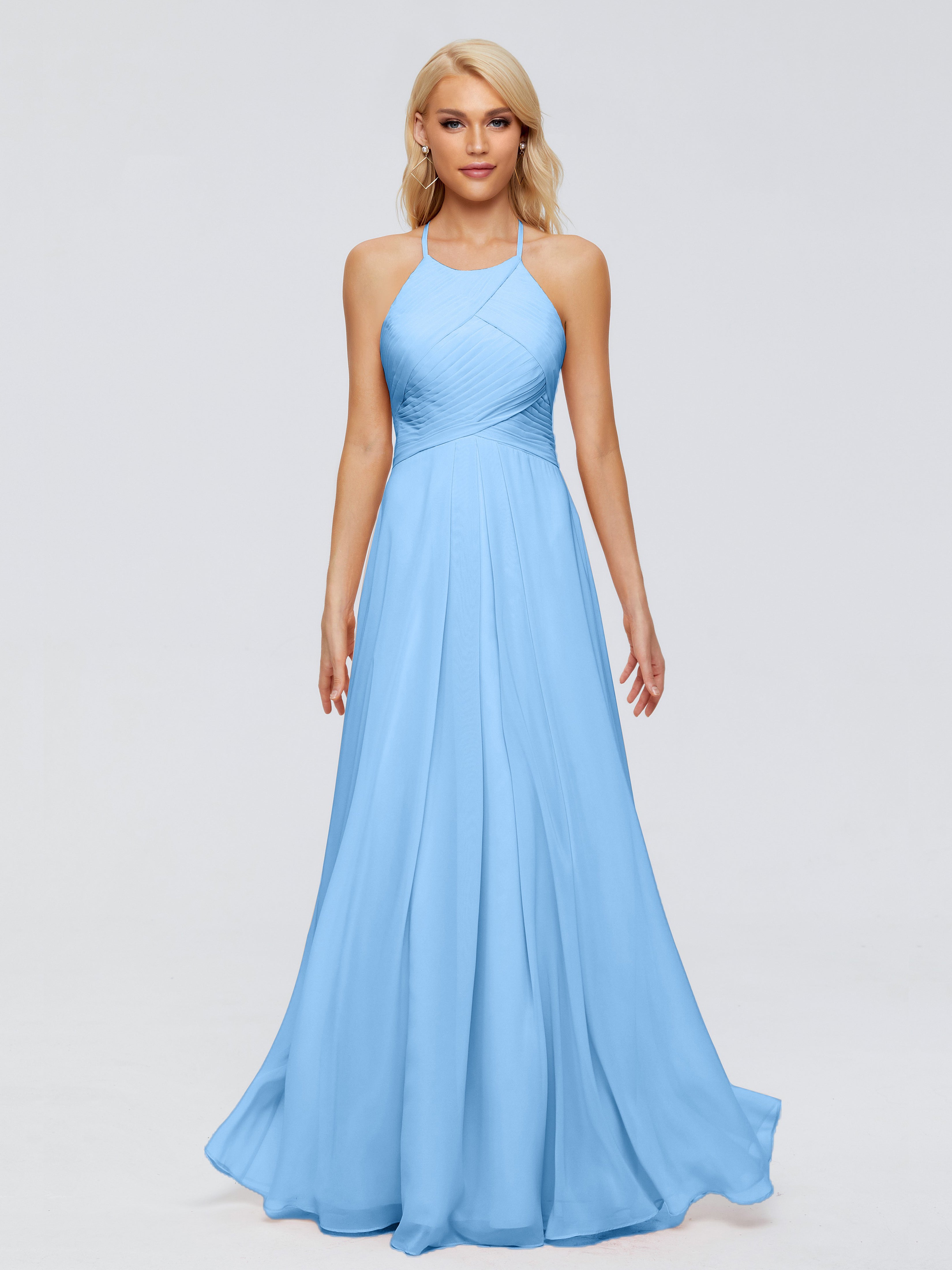 Robes Demoiselle D Honneur Bleu Finley Trapèze Licou Mousseline Robes Demoiselle D'Honneur