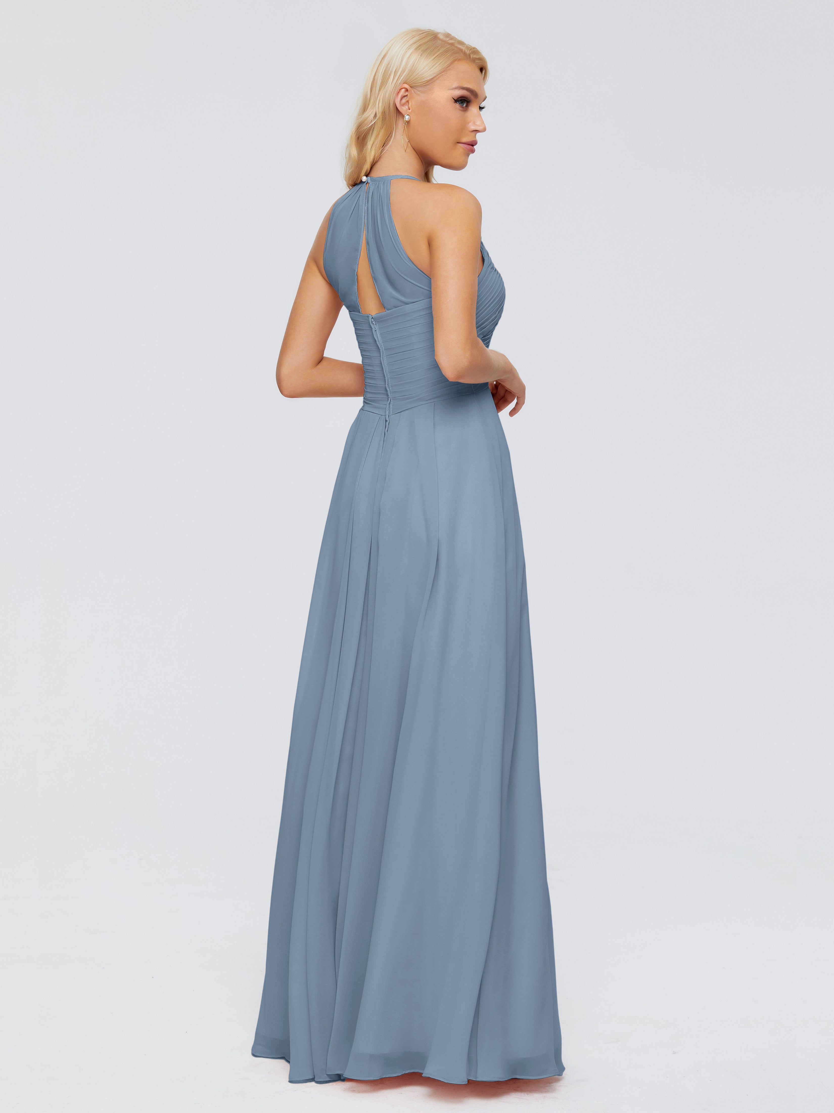 Robes De Demoiselle D'Honneur Bleu De Schiste Finley Trapèze Licou Mousseline Robes Demoiselle D'Honneur