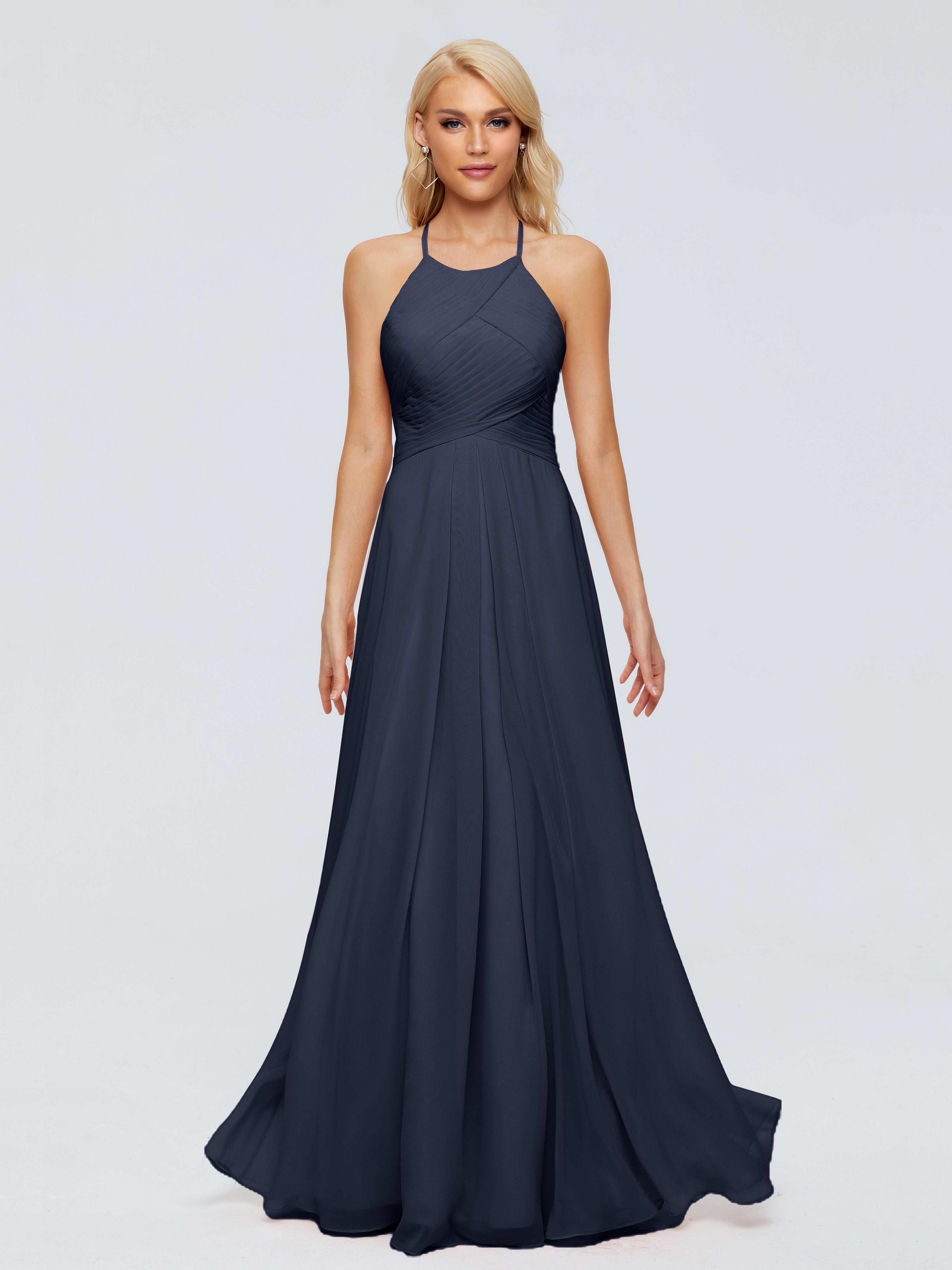 Demoiselle D'Honneur Bleu Marine Finley Trapèze Licou Mousseline Robes Demoiselle D'Honneur