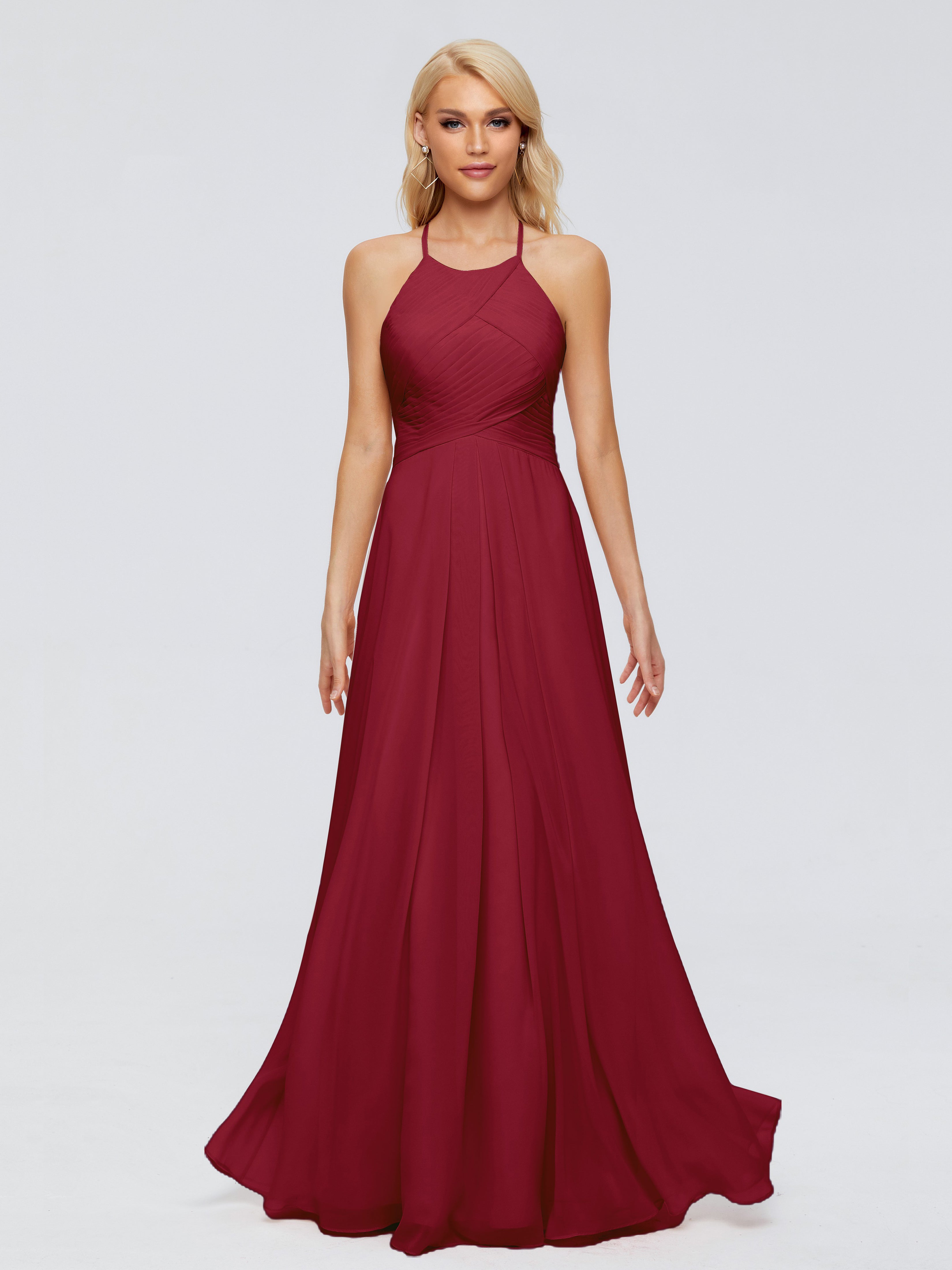 Modestes Robes De Demoiselle D'Honneur Bordeaux Finley Trapèze Licou Mousseline Robes Demoiselle D'Honneur