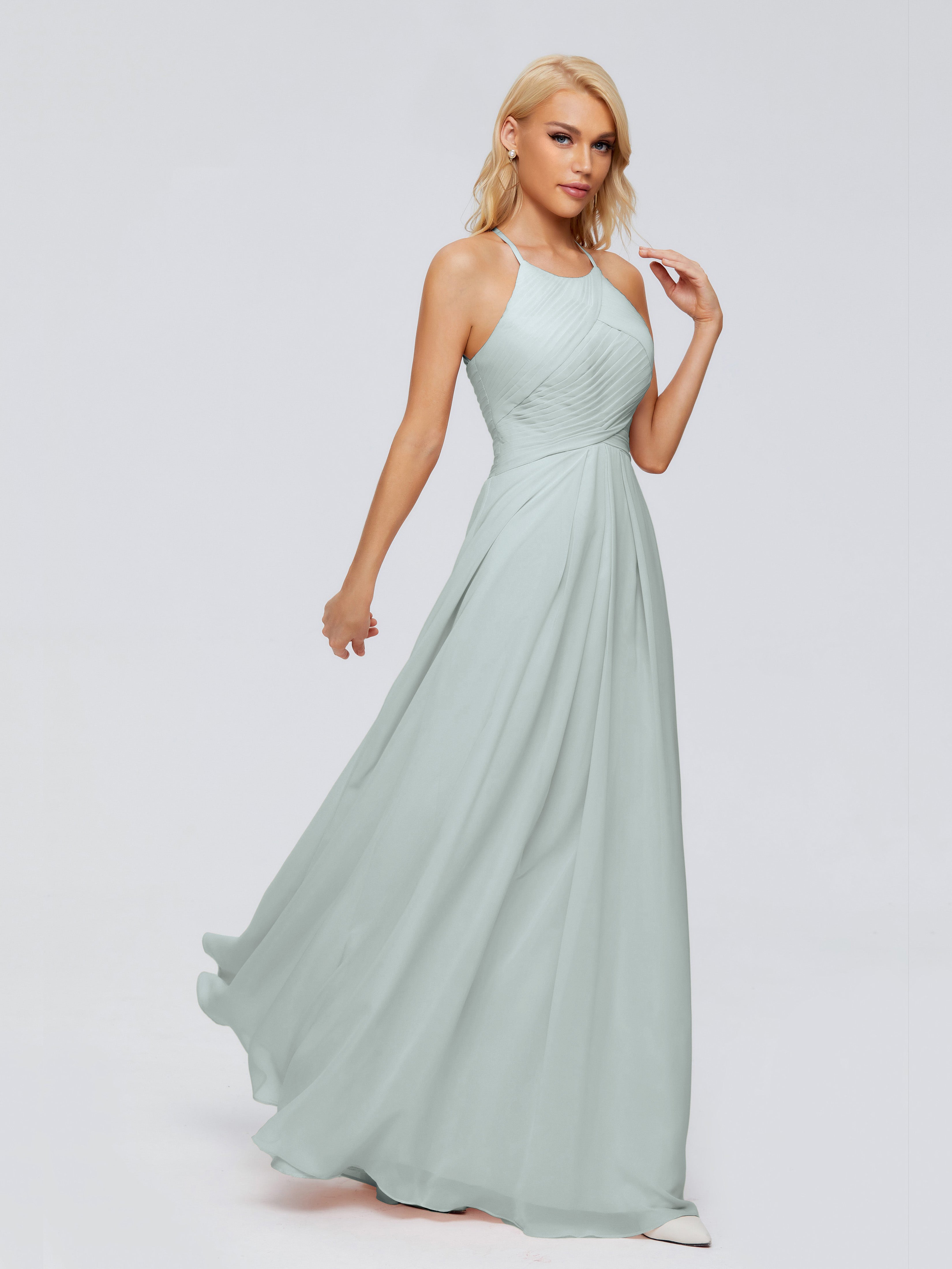 Robe Demoiselle D Honneur Vert Celadon Trapèze Licou Mousseline Robes Demoiselle D'Honneur