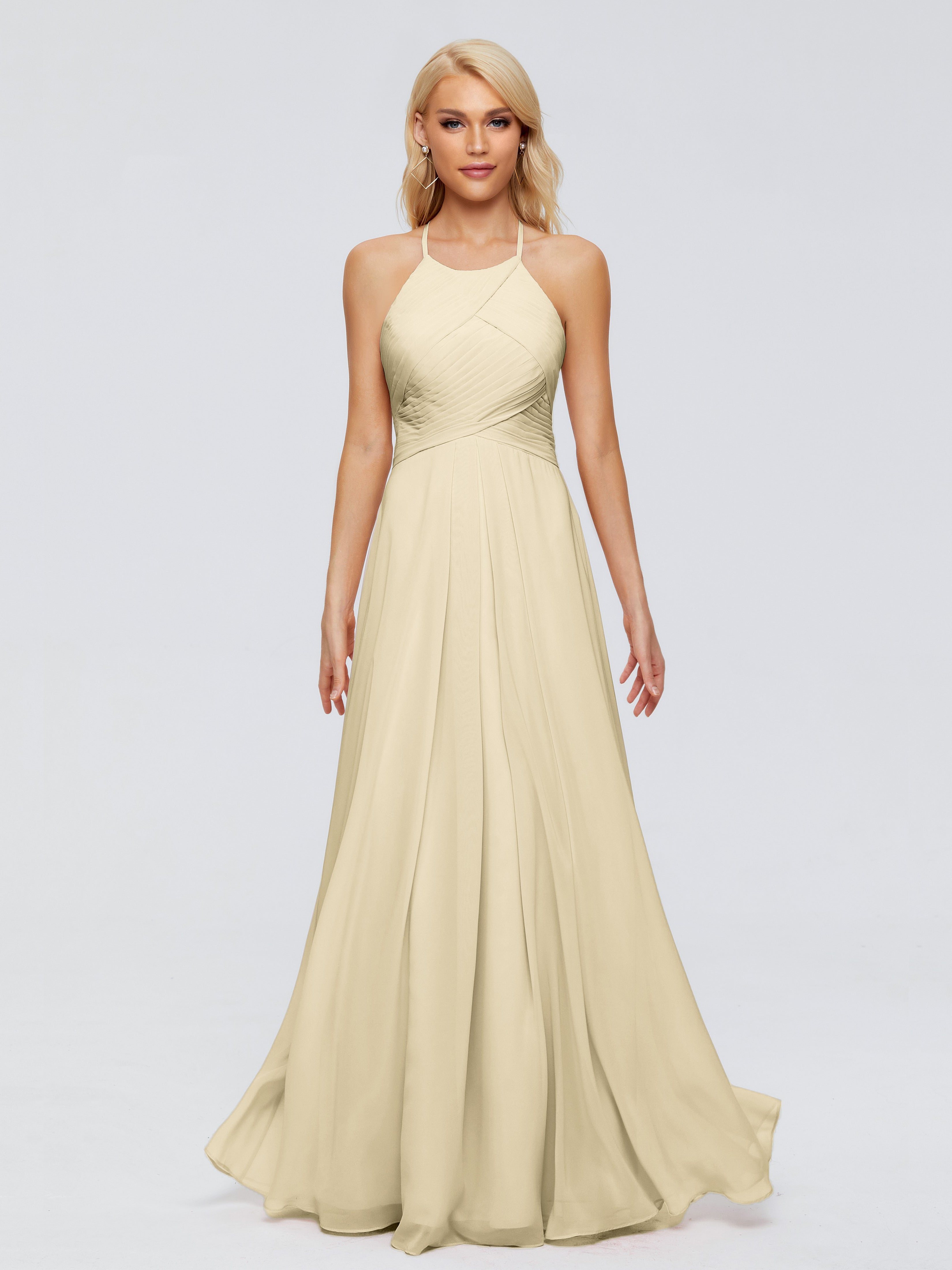 Robe De Demoiselle D'Honneur Champagne Finley Trapèze Licou Mousseline Robes Demoiselle D'Honneur