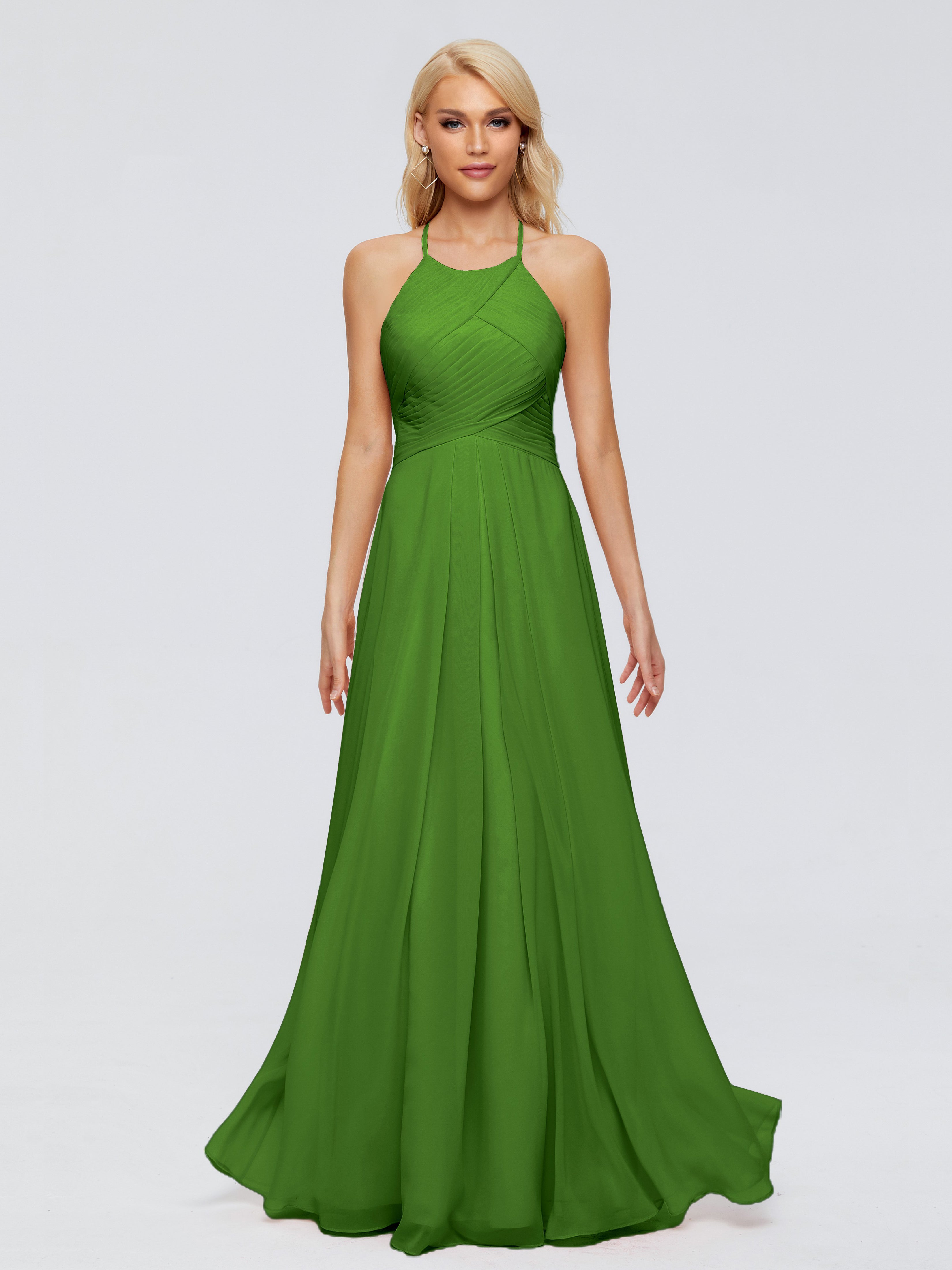 Robes De Demoiselle D'Honneur Vert Mousse Finley Trapèze Licou Mousseline Robes Demoiselle D'Honneur