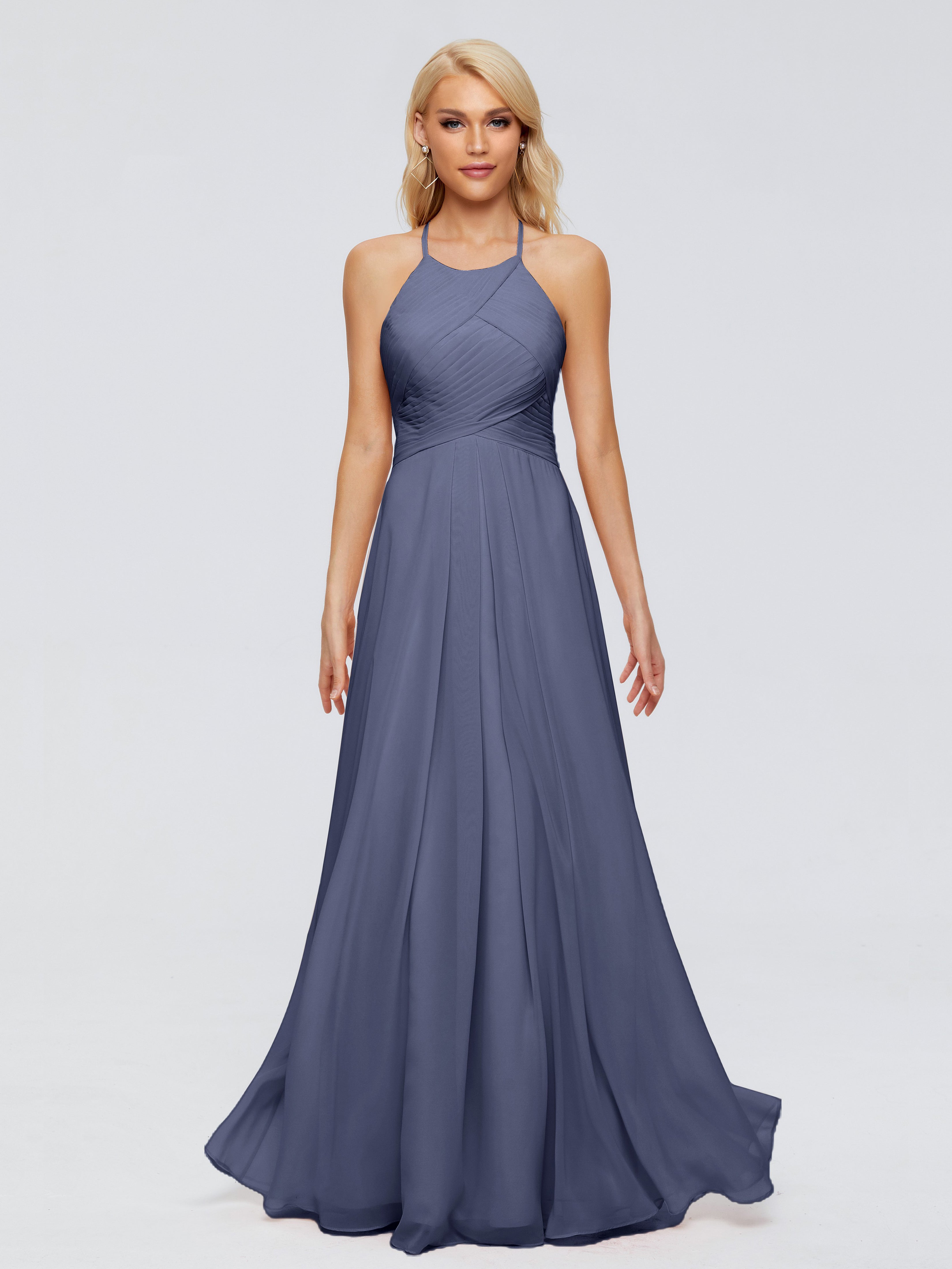 Robes De Demoiselle D'Honneur Bleu Orageux Finley Trapèze Licou Mousseline Robes Demoiselle D'Honneur
