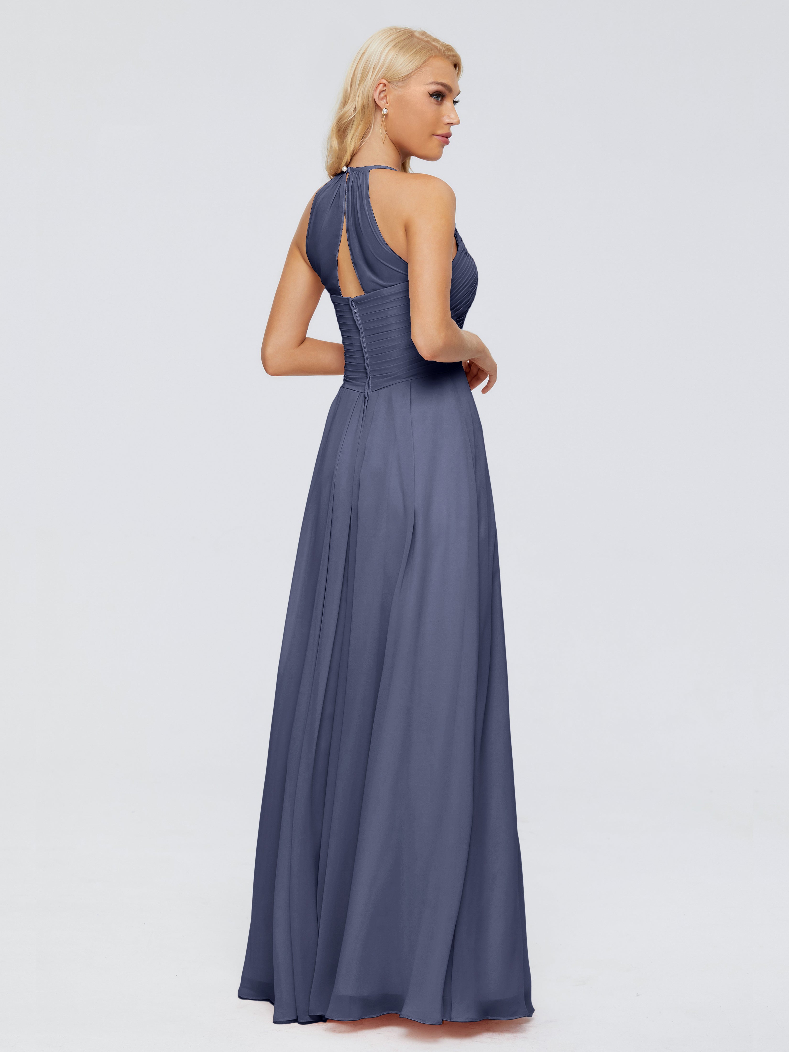 Robes De Demoiselle D'Honneur Bleu Orageux Finley Trapèze Licou Mousseline Robes Demoiselle D'Honneur
