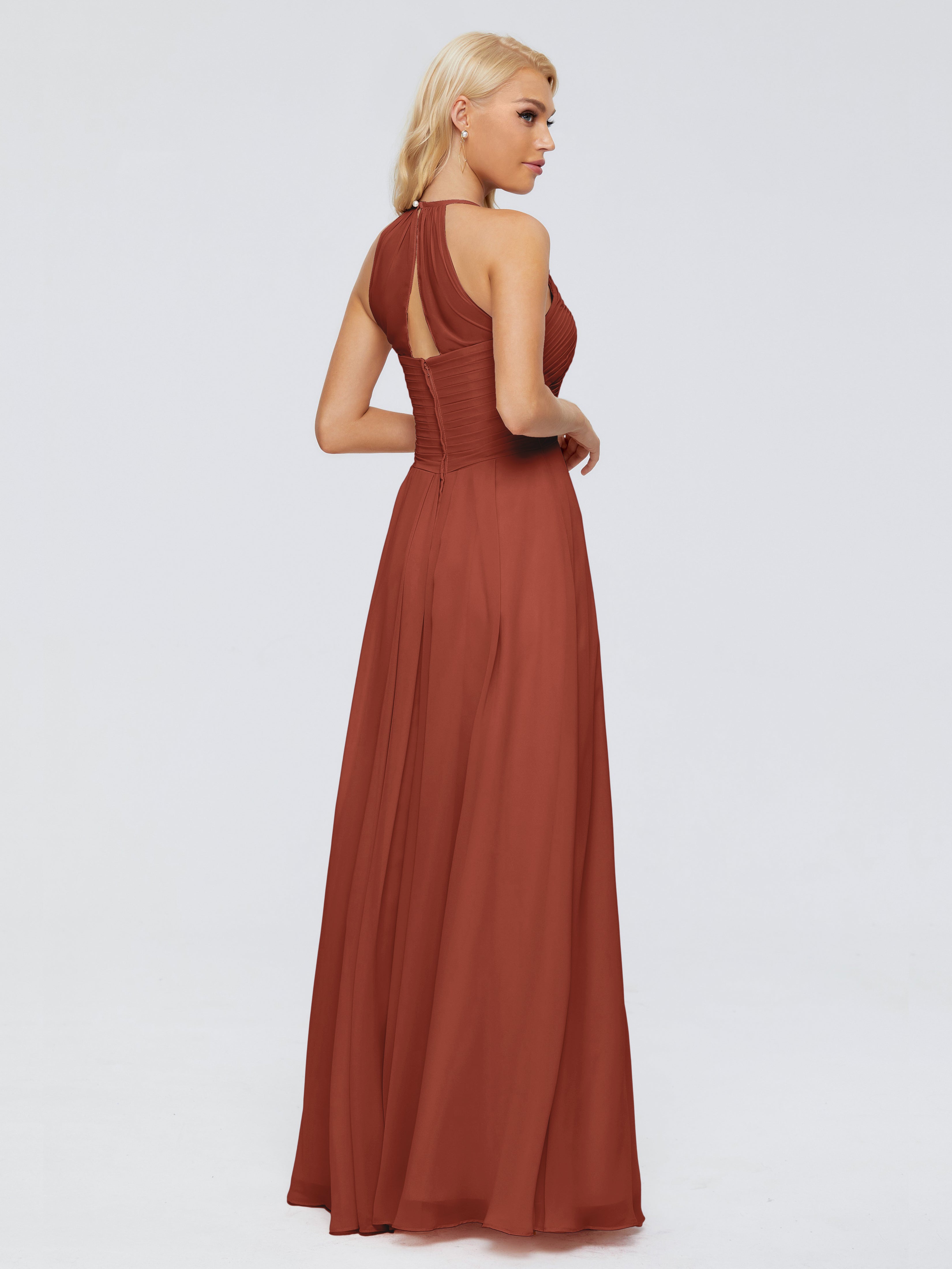 Robe De Demoiselle D'Honneur De Rouille Au Sol Finley Trapèze Licou Mousseline Robes Demoiselle D'Honneur