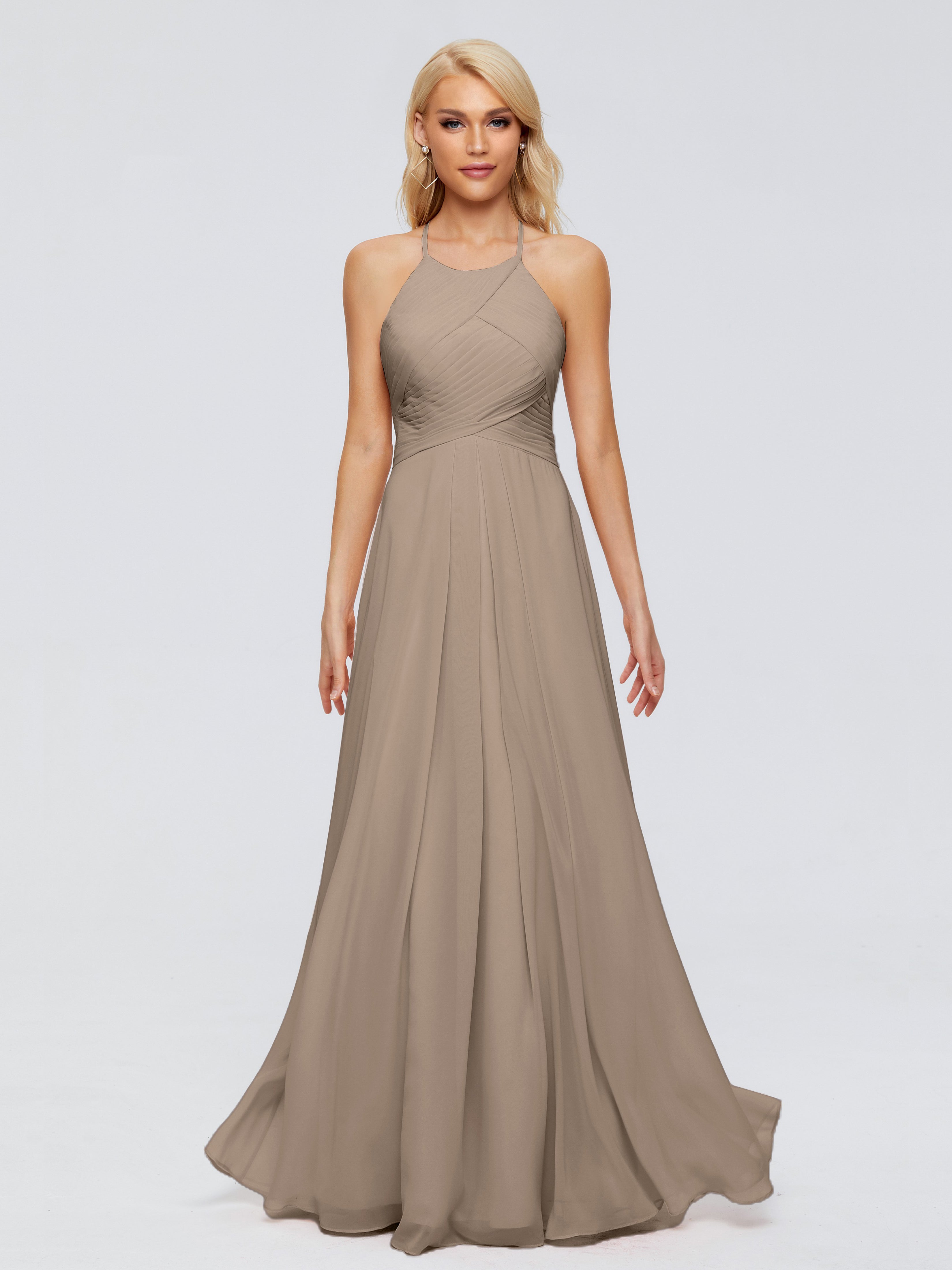 Robe Demoiselle D Honneur Taupe Finley Trapèze Licou Mousseline Robes Demoiselle D'Honneur