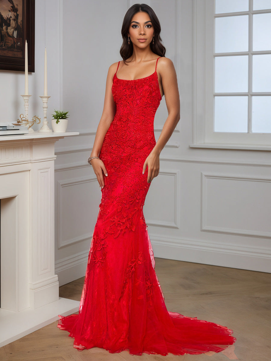 Cicinia Robe de Soirée Rouge en Tulle à Bretelles Spaghetti Appliqués avec Traîne Balayée