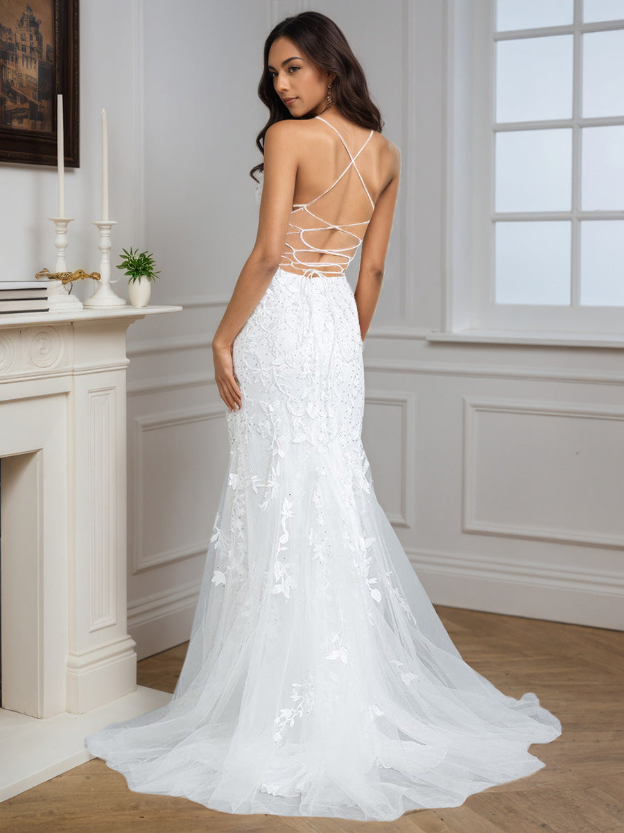 Cicinia Robe de Soirée Ivoire en Tulle à Bretelles Spaghetti Appliqués avec Traîne Balayée