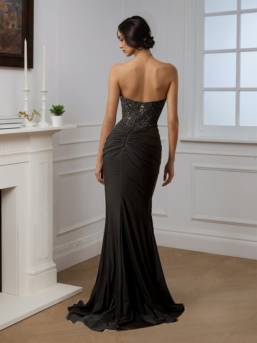 Cicinia Noir Robe de Soirée Longue Sirène sans Bretelles Fente Traîne Balayée Magnifique