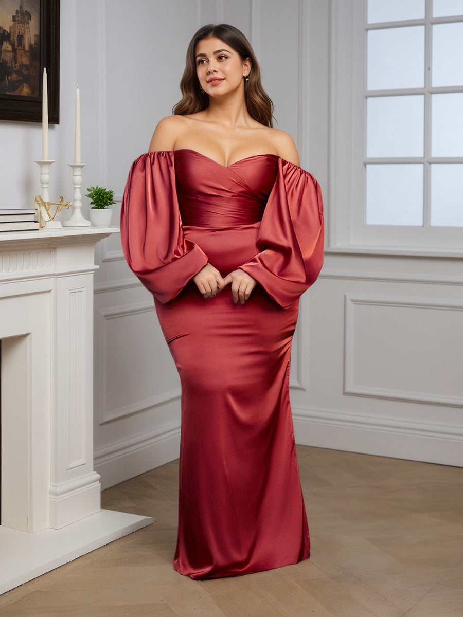 Cicinia Robe de Soirée BORDEAUX Longue Fourreau à Manches Longues Épaules Dénudées Fente Latérale Élégante