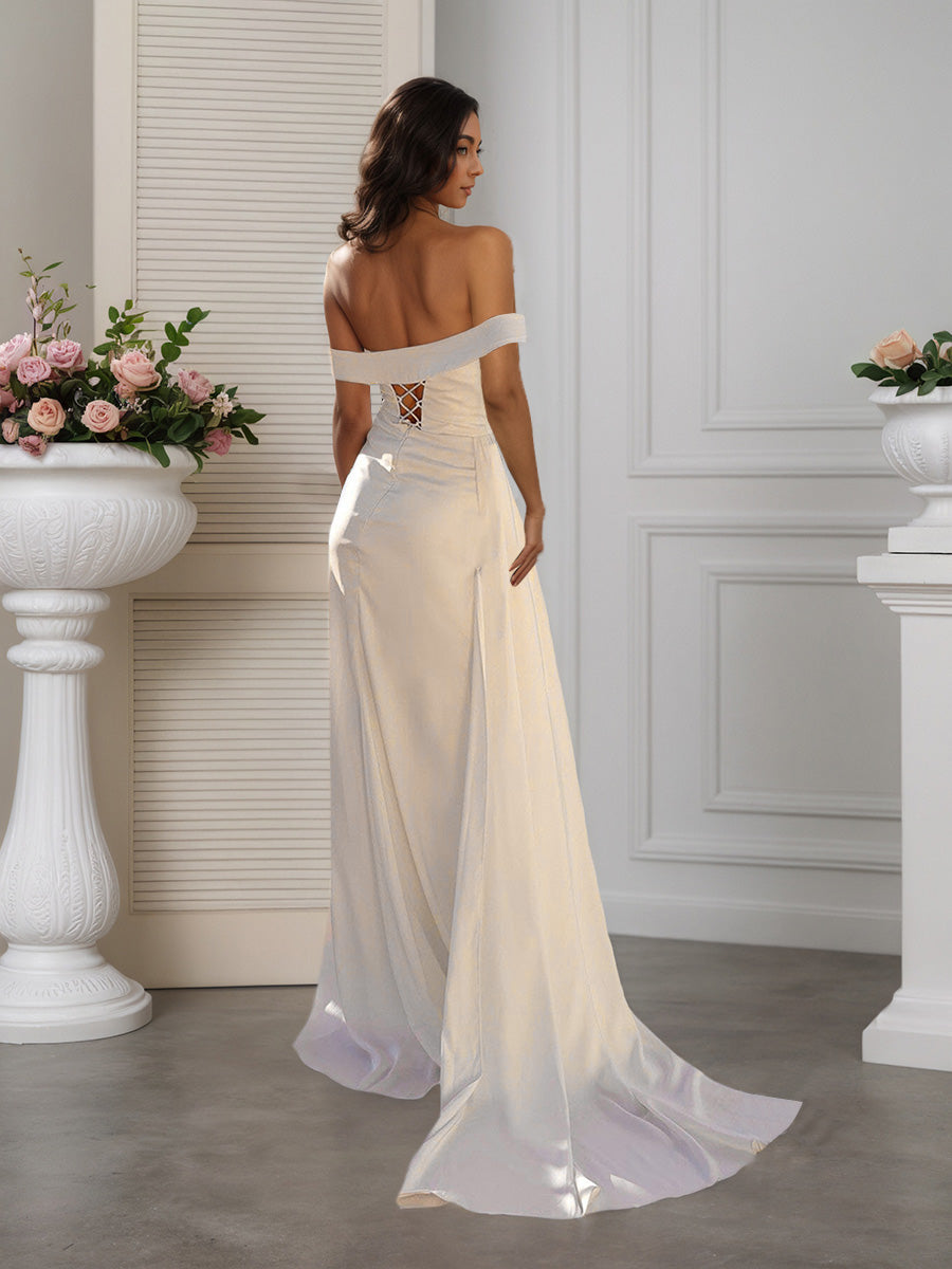 Cicinia Robe de Mariée Fourreau Épaules Dénudées ruchée avec Fente Haute Épurée