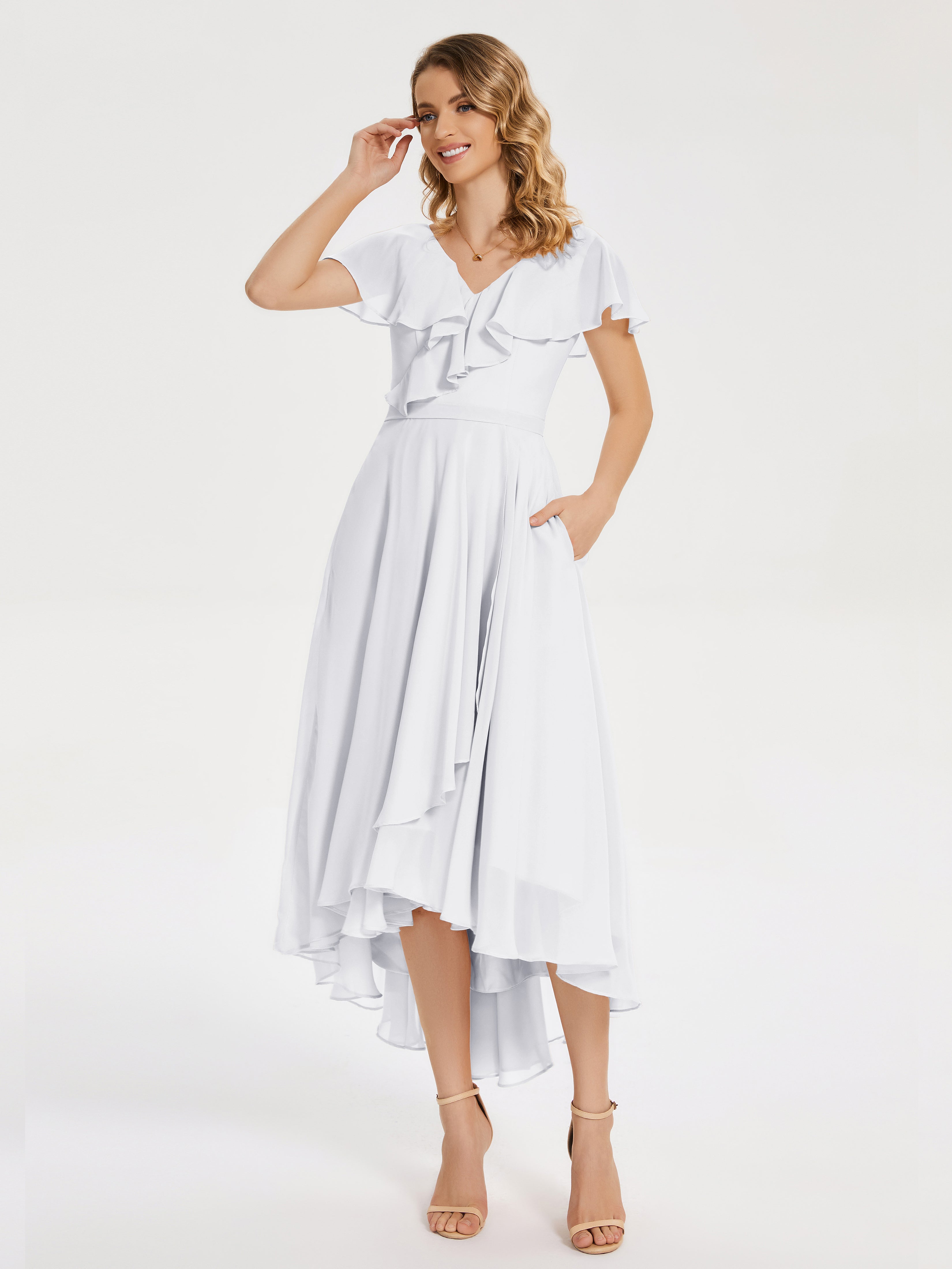 Robe De Demoiselle D Honneur Blanche Col V Asymétrique Robes Demoiselle D'Honneur À Volants